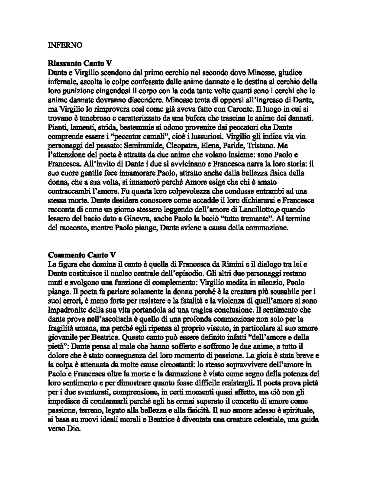 Breve Riassunto E Analisi Canto V Inferno Divina Commedia