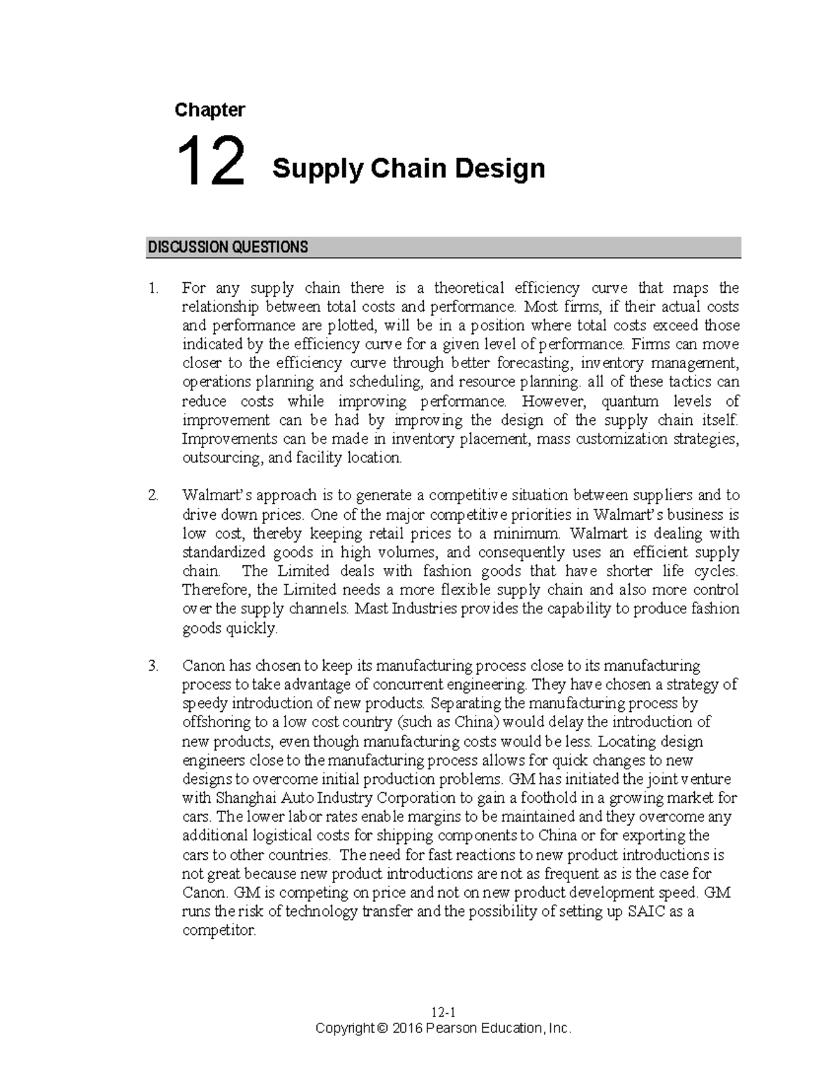 Krajewski 11e SM Ch12 - 12- Chapter 12 Supply Chain Design DISCUSSION ...