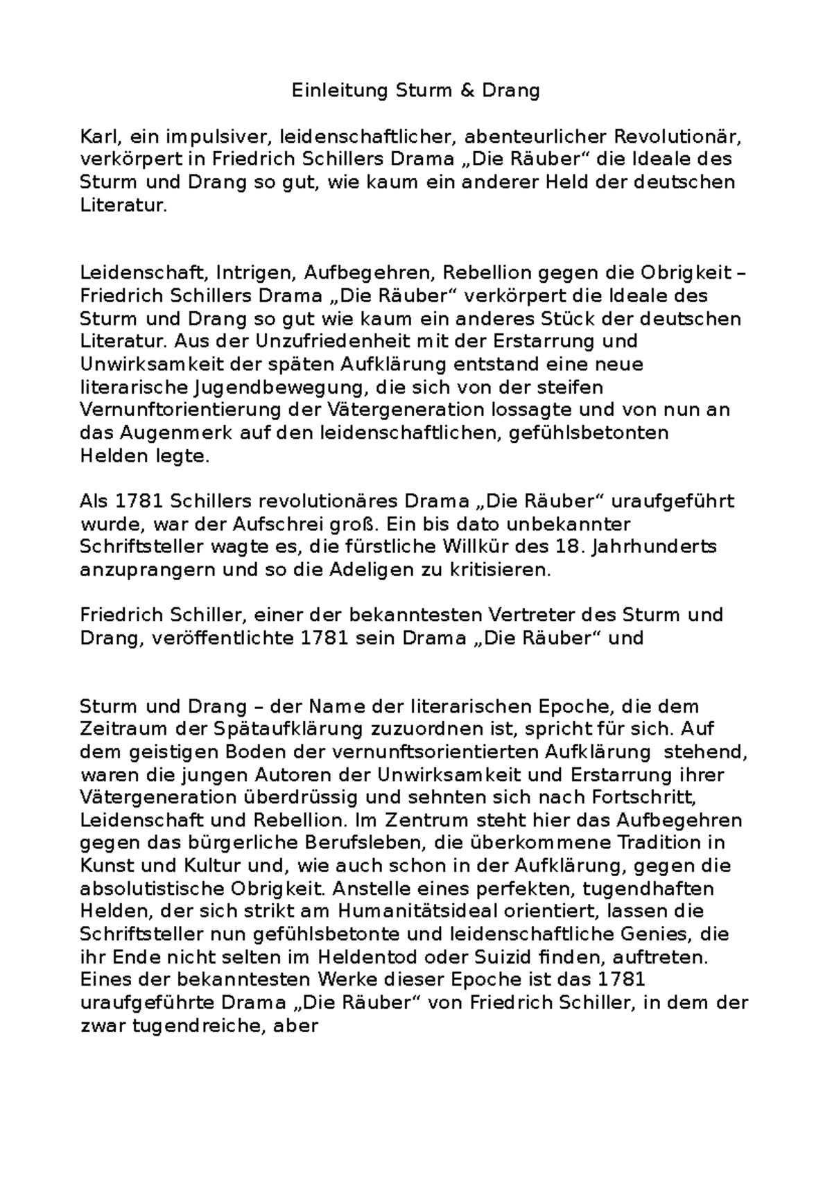 Einleitung Sturm und Drang Einleitung Sturm & Drang Karl, ein