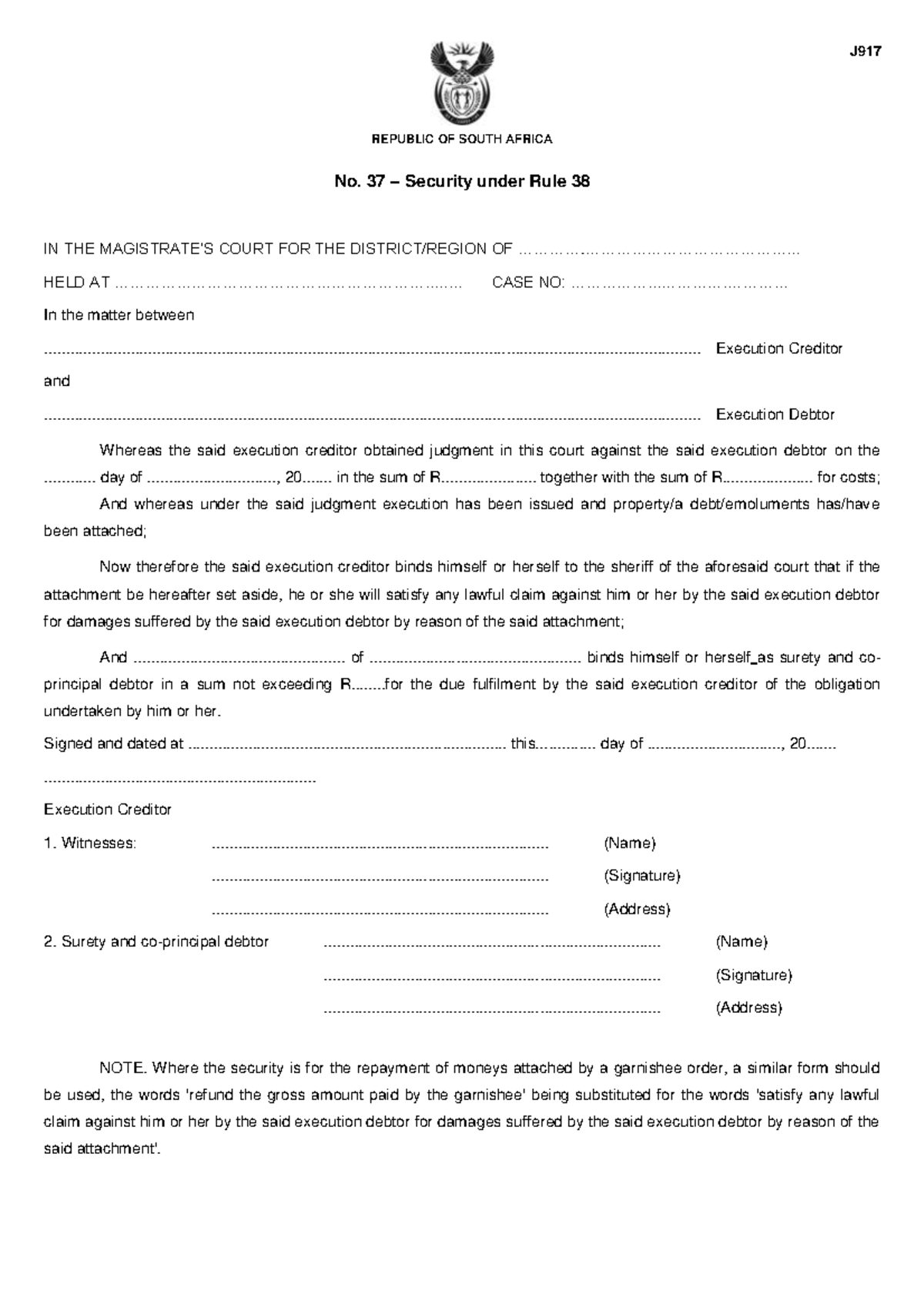 J917-form37 - J REPUBLIC OF SOUTH AFRICA No. 37 – Security under Rule ...