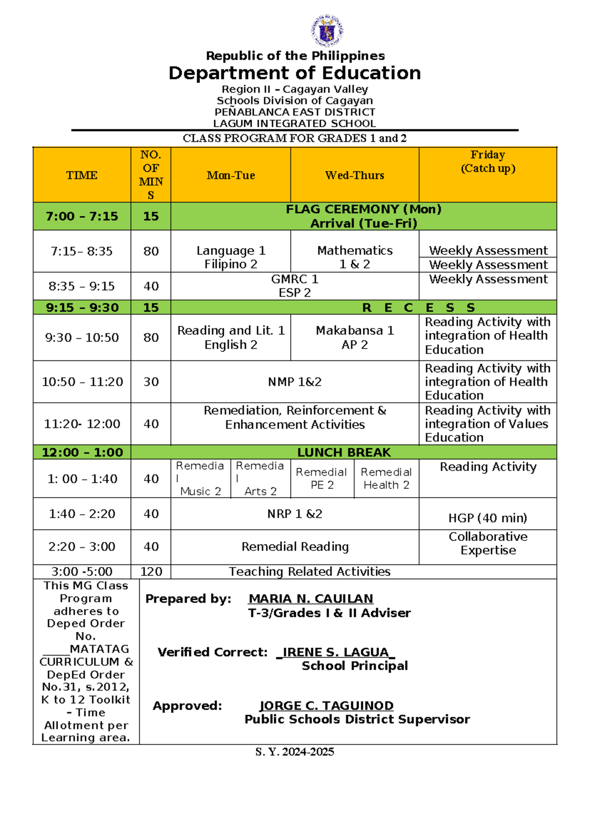 Class Program FOR MG without MT - Department of Education Region II ...