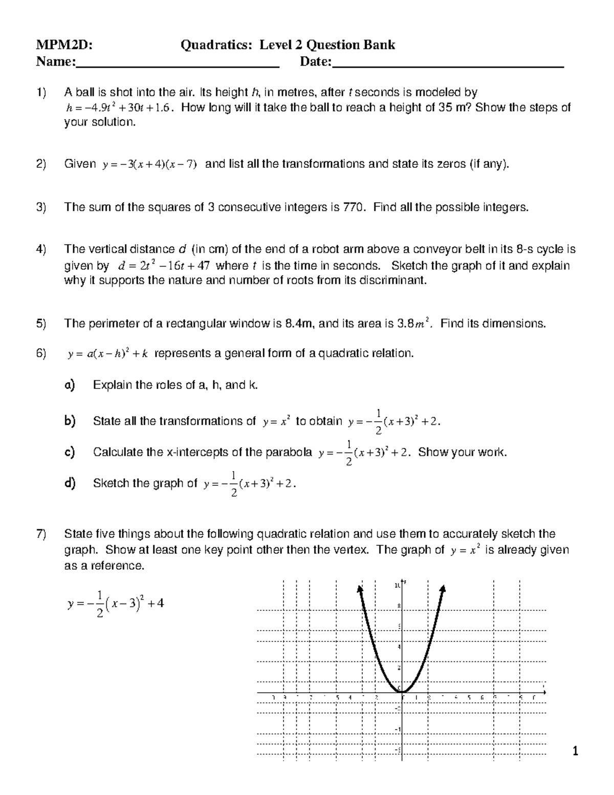 MPM2DQuadratics Test Bank Level 2 - MPM2D: Quadratics: Level 2 Question ...