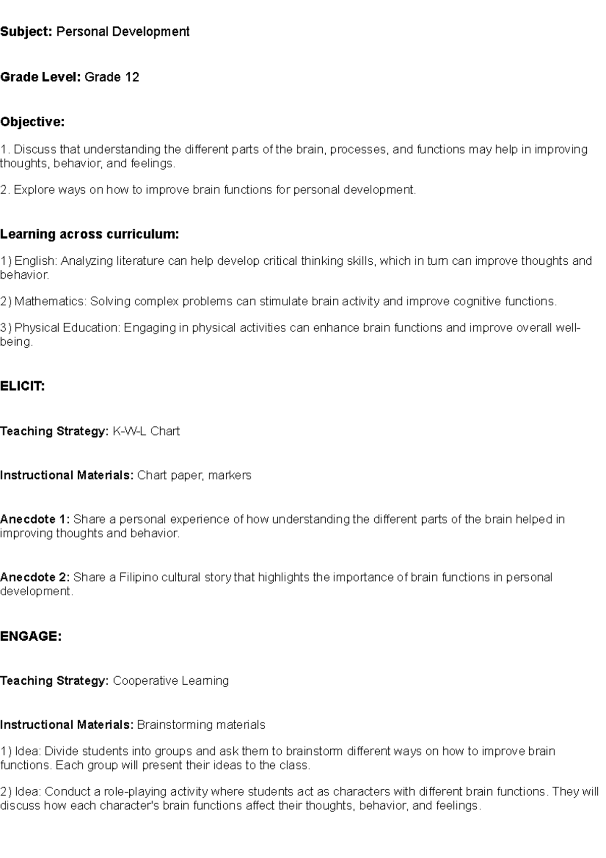 Lesson plan - Perdev - Subject: Personal Development Grade Level: Grade ...