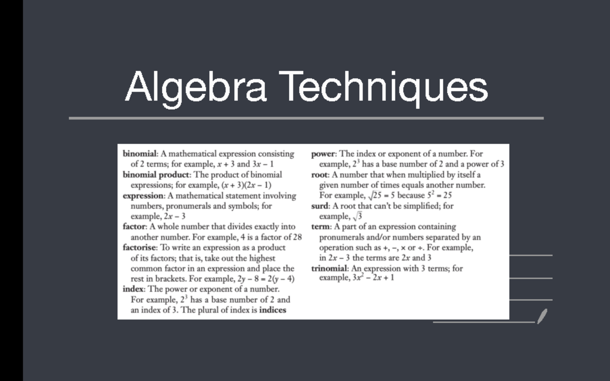 1. Algebra Techniques - Prelim notes - Algebra Techniques Like terms ...