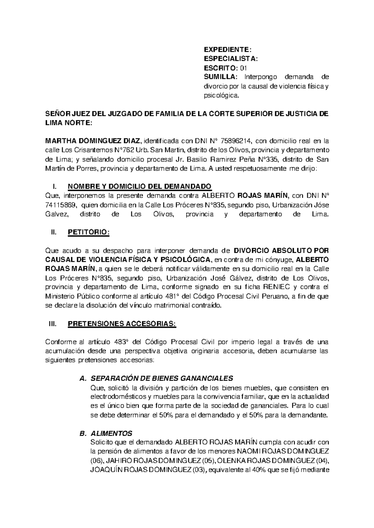 Grupo 01 Demanda De Divorcio Expediente Especialista Escrito 01