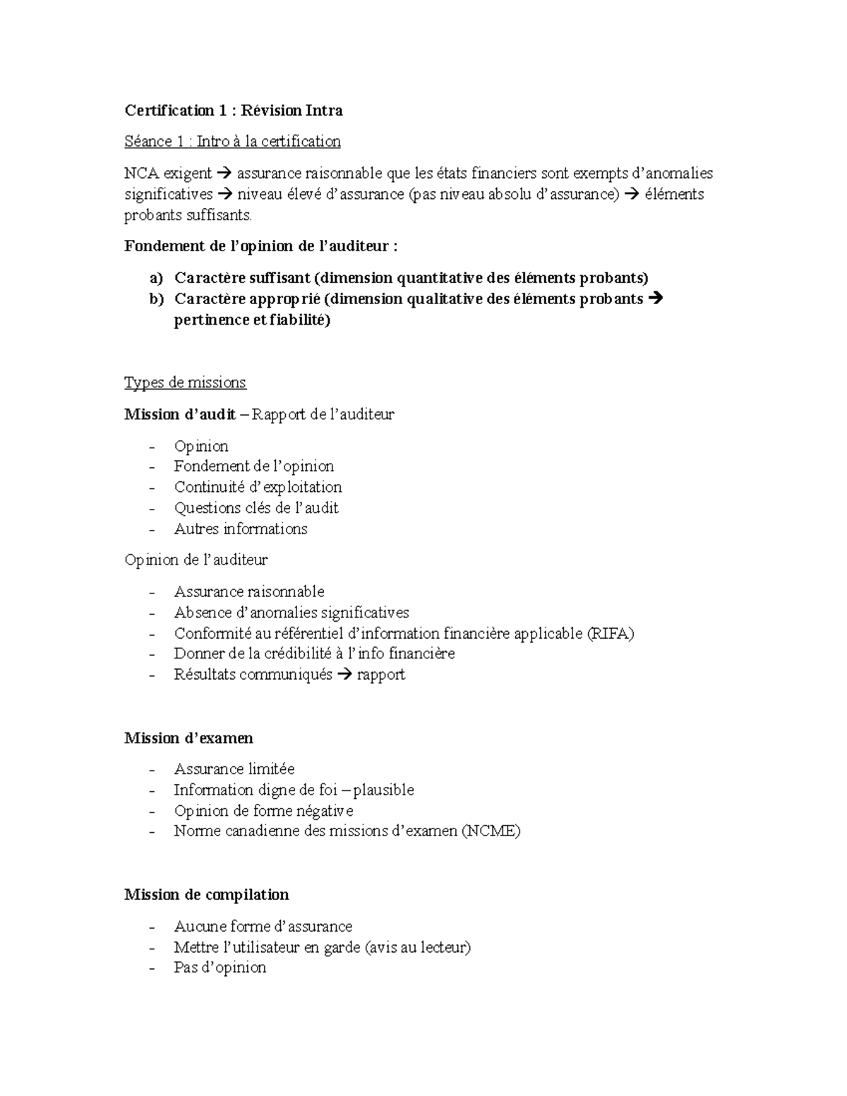 Mission De Compilation Vs Avis Au Lecteur Intra notes de cours - Certification 1 : Révision Intra Séance 1 : Intro à  la certification NCA - Studocu