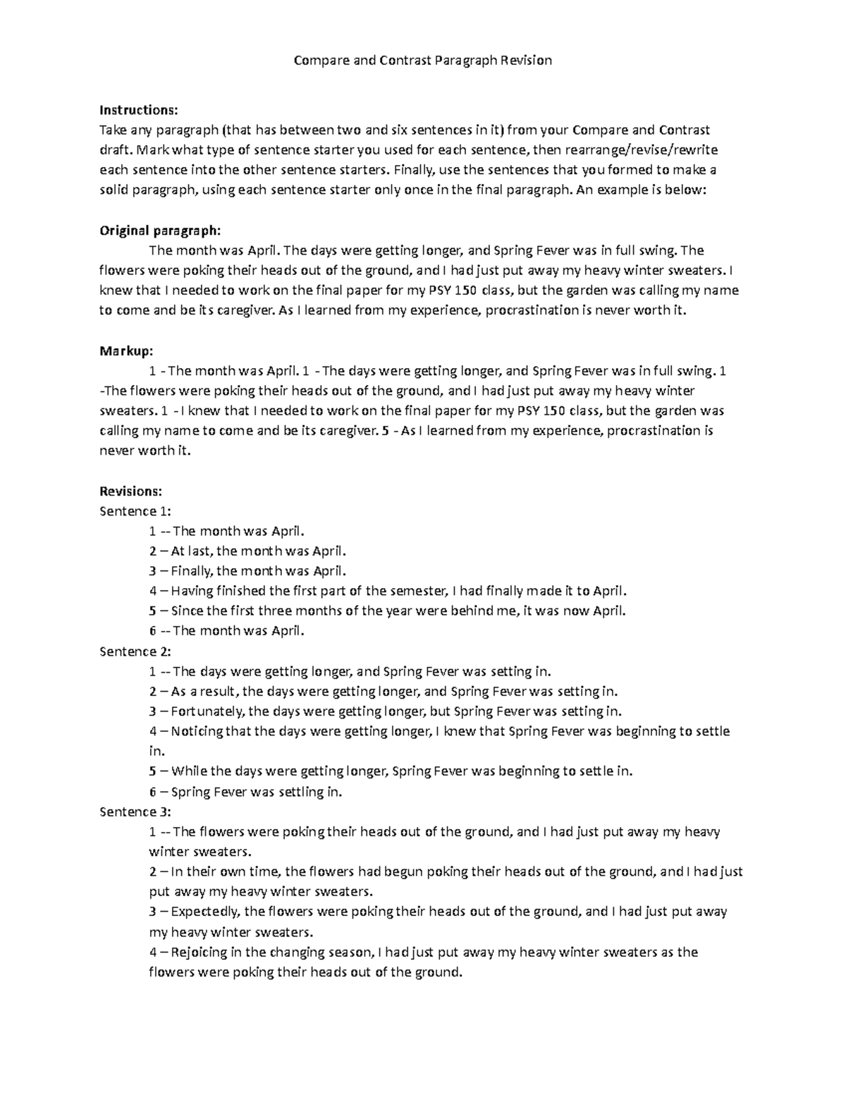 Compare Contrast Paragraph Sentence Starter Revision Compare and Contrast Paragraph Revision