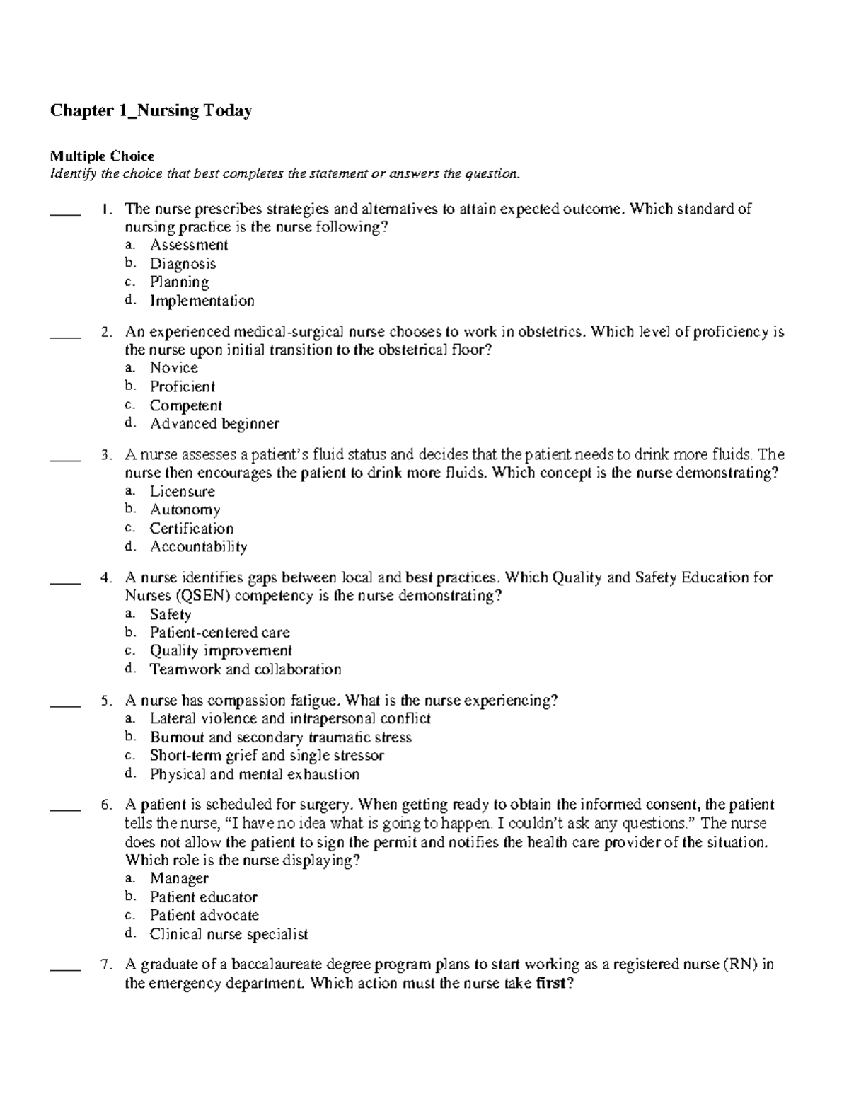 Chapter 1 Nursing Today - Chapter 1_Nursing Today Multiple Choice ...