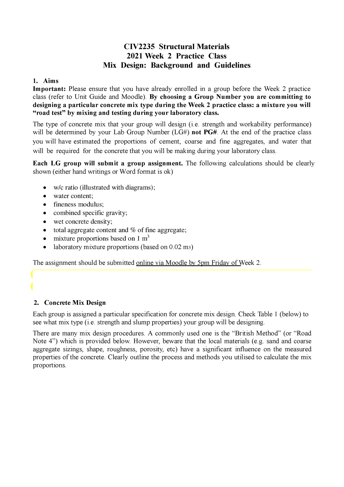 CIV2235 Week 2 Practice Class Concrete mix design v2 w/c ratio