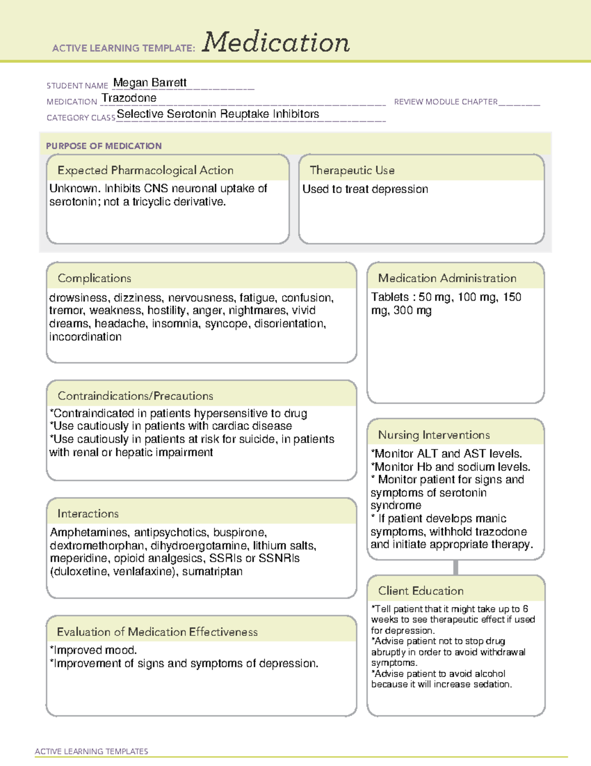 Trazodone ACTIVE LEARNING TEMPLATES Medication STUDENT NAME