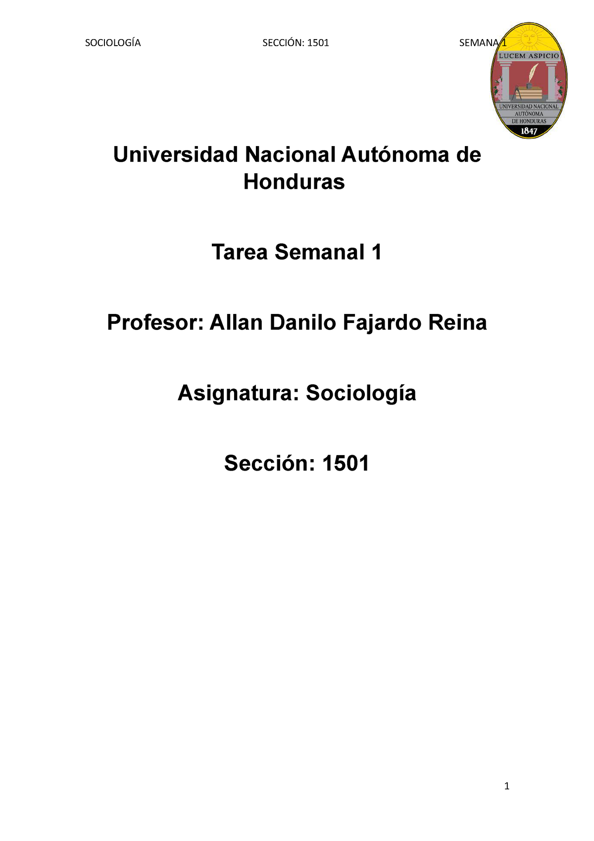 Tarea Semanal 1 - Sociologia - UNAH - Studocu