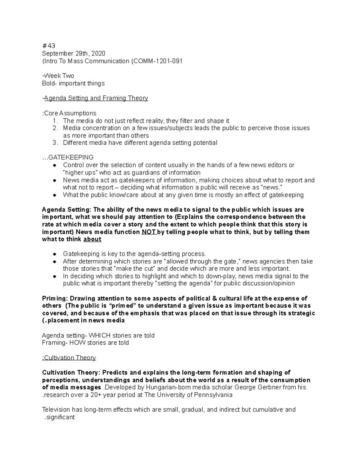 Week 2 Mass Comm Work Lecture Notes Agenda Setting And Framing Theory September 29th 2020 Studocu