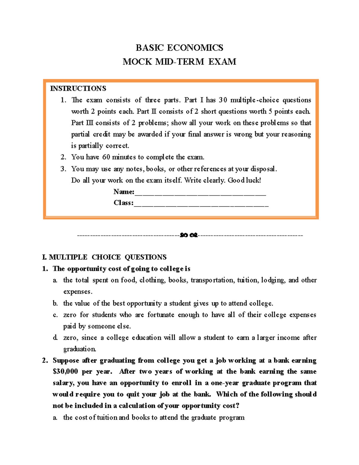 MOCK MID TERM Basic Economics 1 - BASIC ECONOMICS MOCK MID-TERM EXAM ...