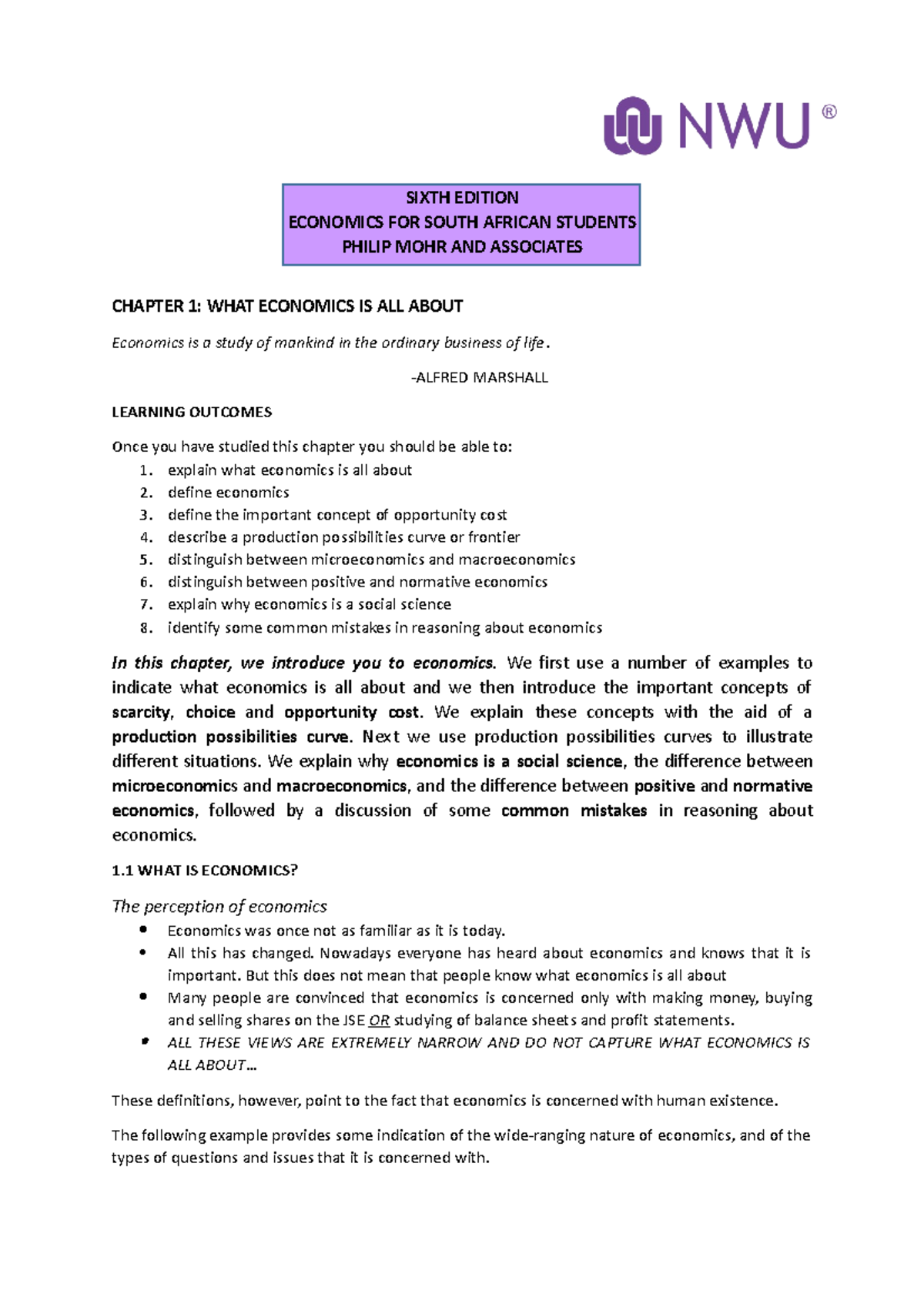 Chapter 1 ENG 1 notes SIXTH EDITION ECONOMICS FOR SOUTH AFRICAN