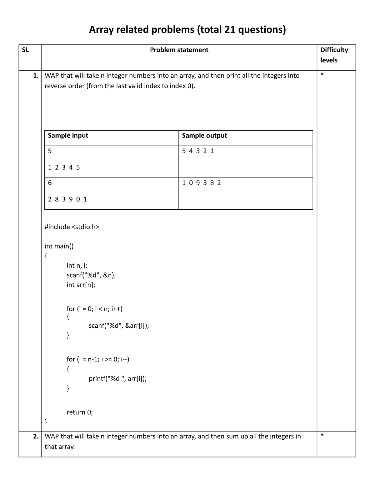 05 Array - Array Related Problems (total 21 Questions) SL Problem ...