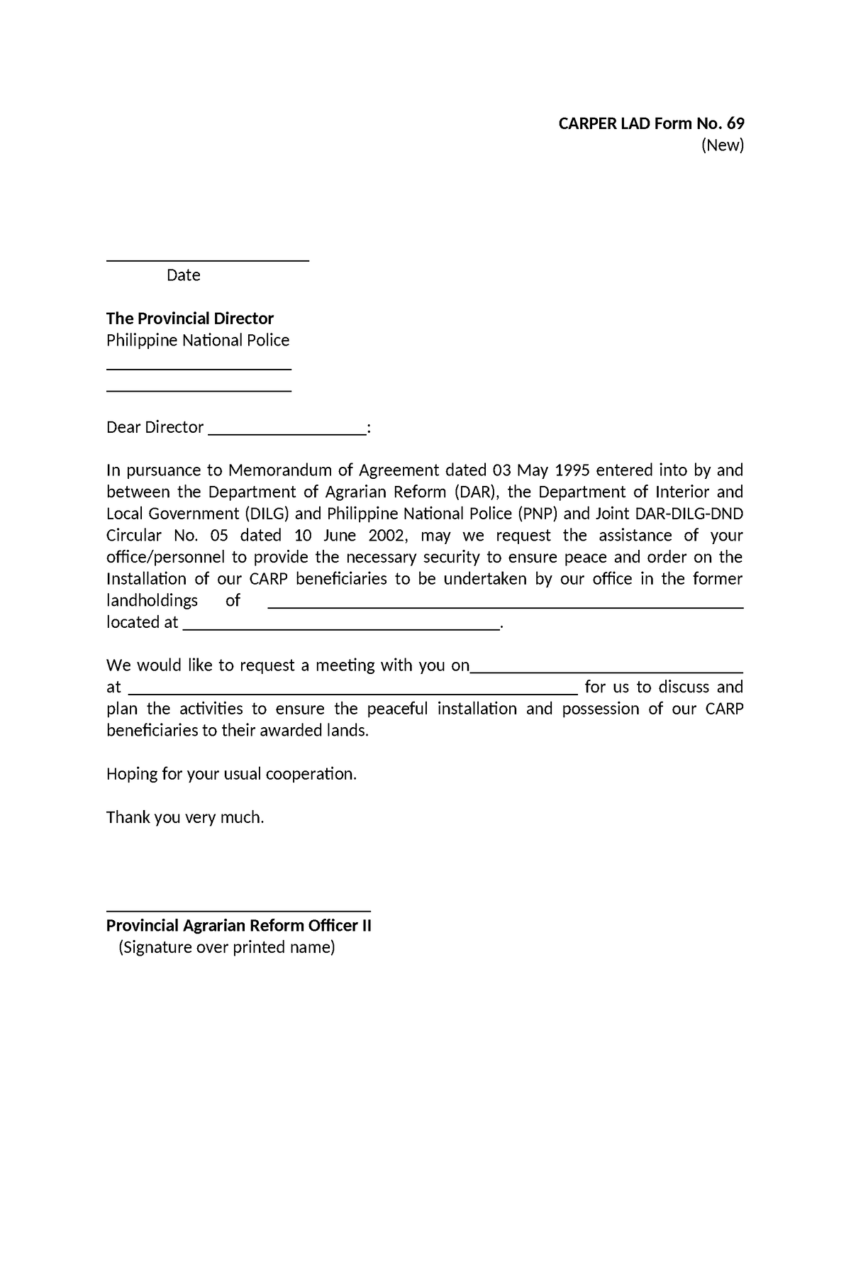 Carper lad form no 69 letter to pnp - CARPER LAD Form No. 69 (New) Date ...