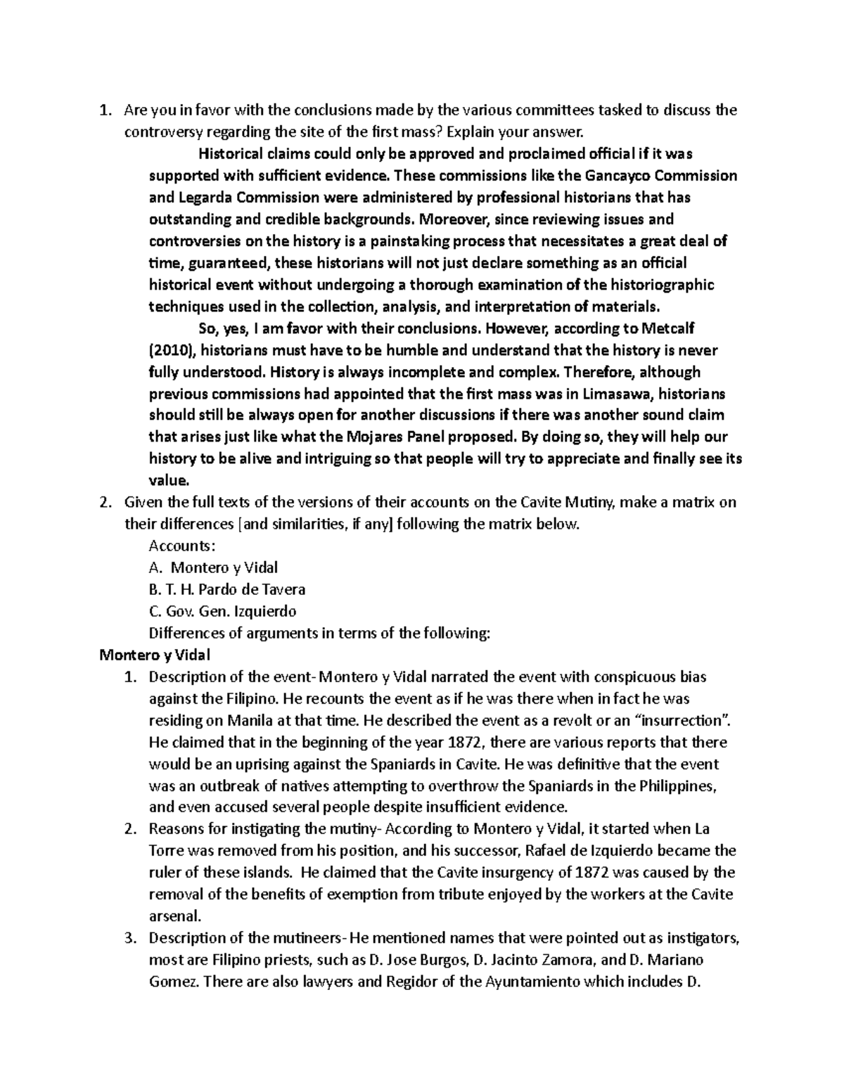 The First Mass and Cavite Mutiny Activity - Are you in favor with the ...