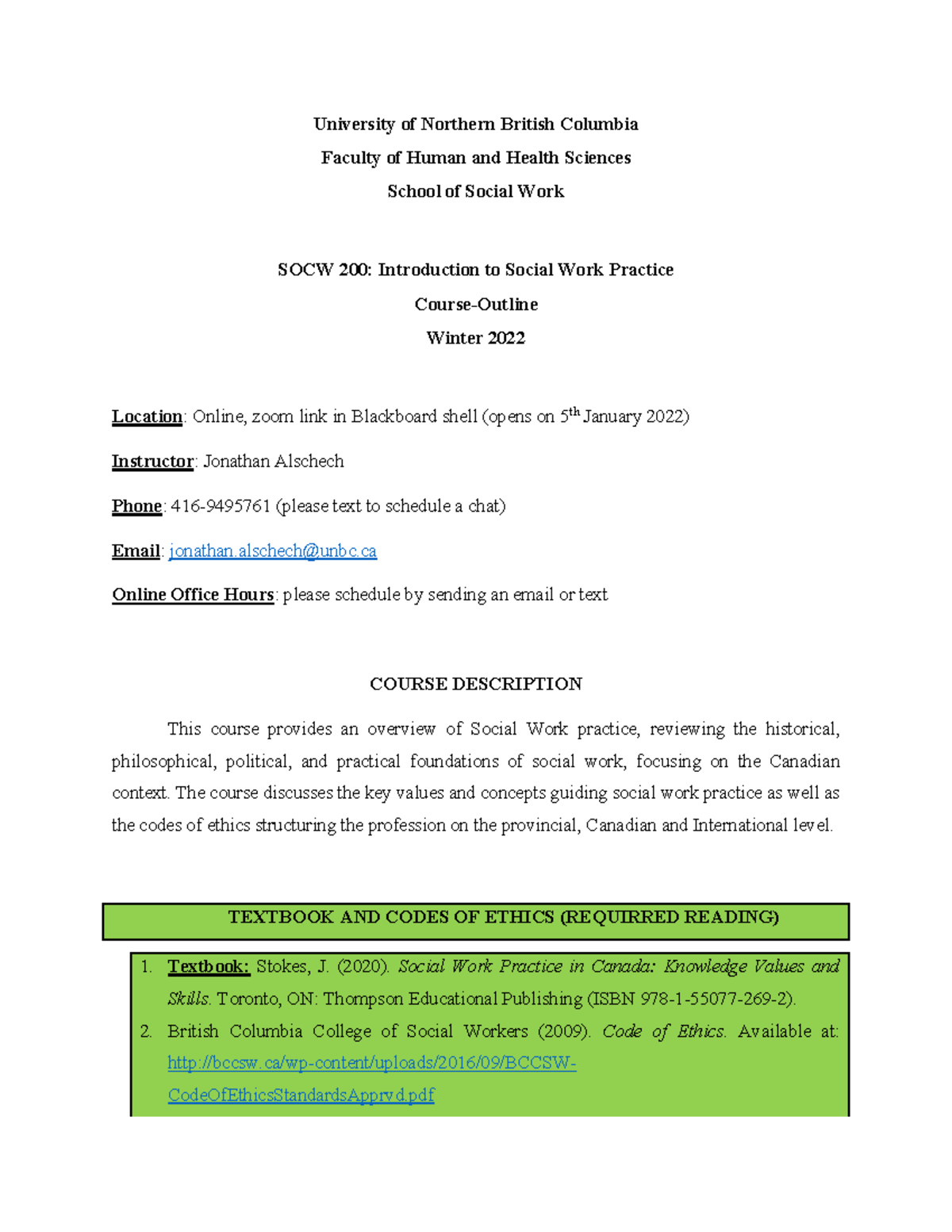 SOCW 200 introduction to SW course outline 2022 winter JA - University ...