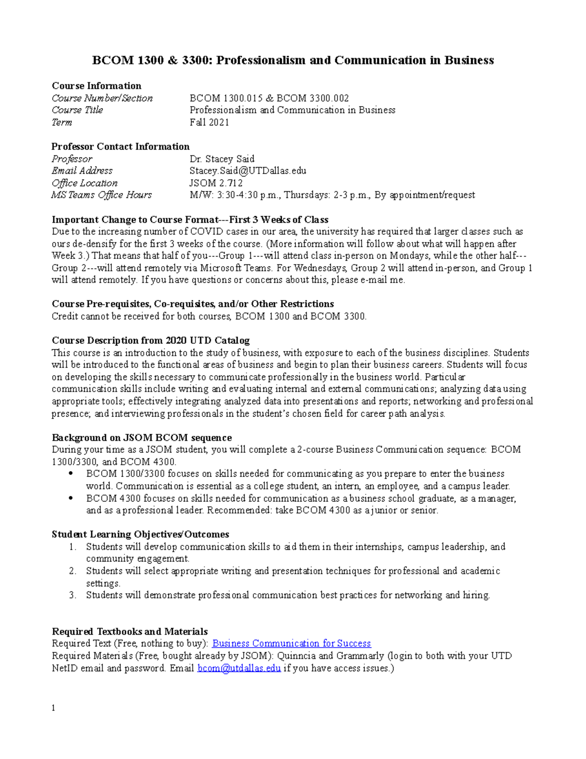 BCOM 1300,3300 Fall 2021 Syllabus - BCOM 1300 &amp; 3300: Professionalism  and Communication in - StuDocu