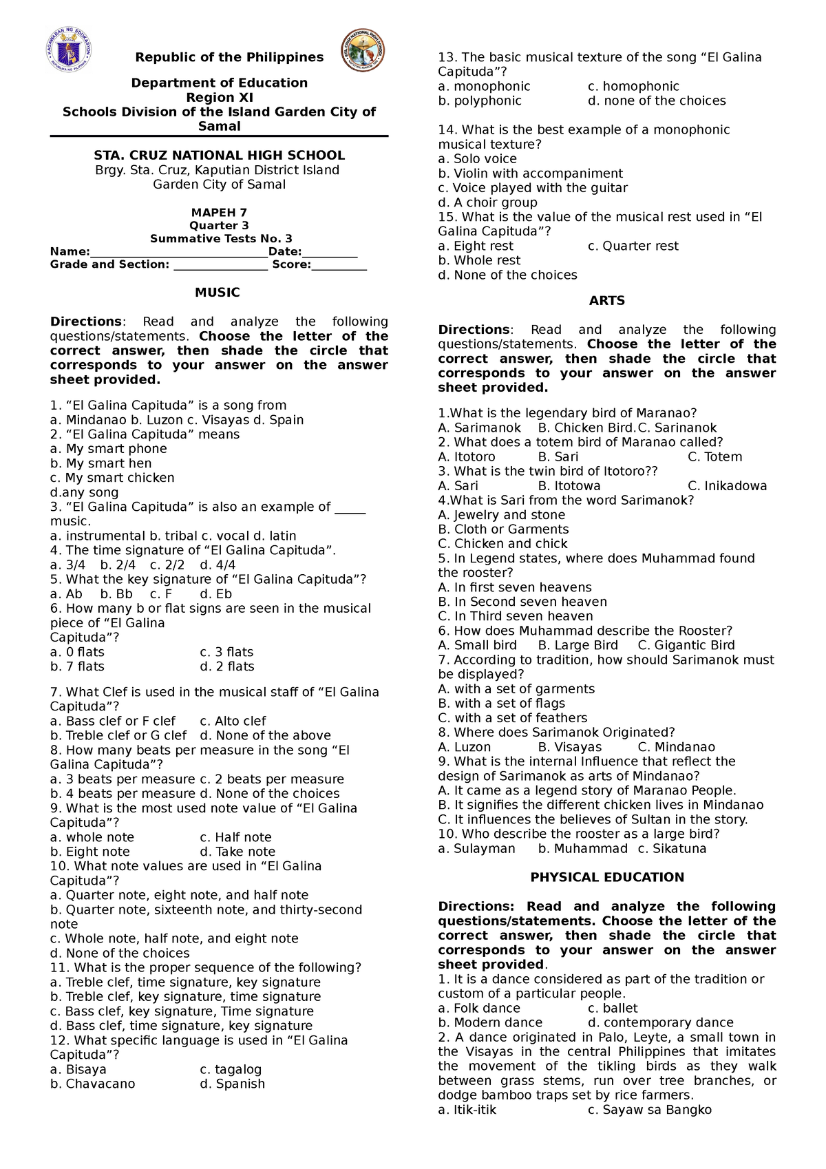 Mapeh 7 3rd Quarter 3rd Summative Test Republic Of The Philippines Department Of Education 