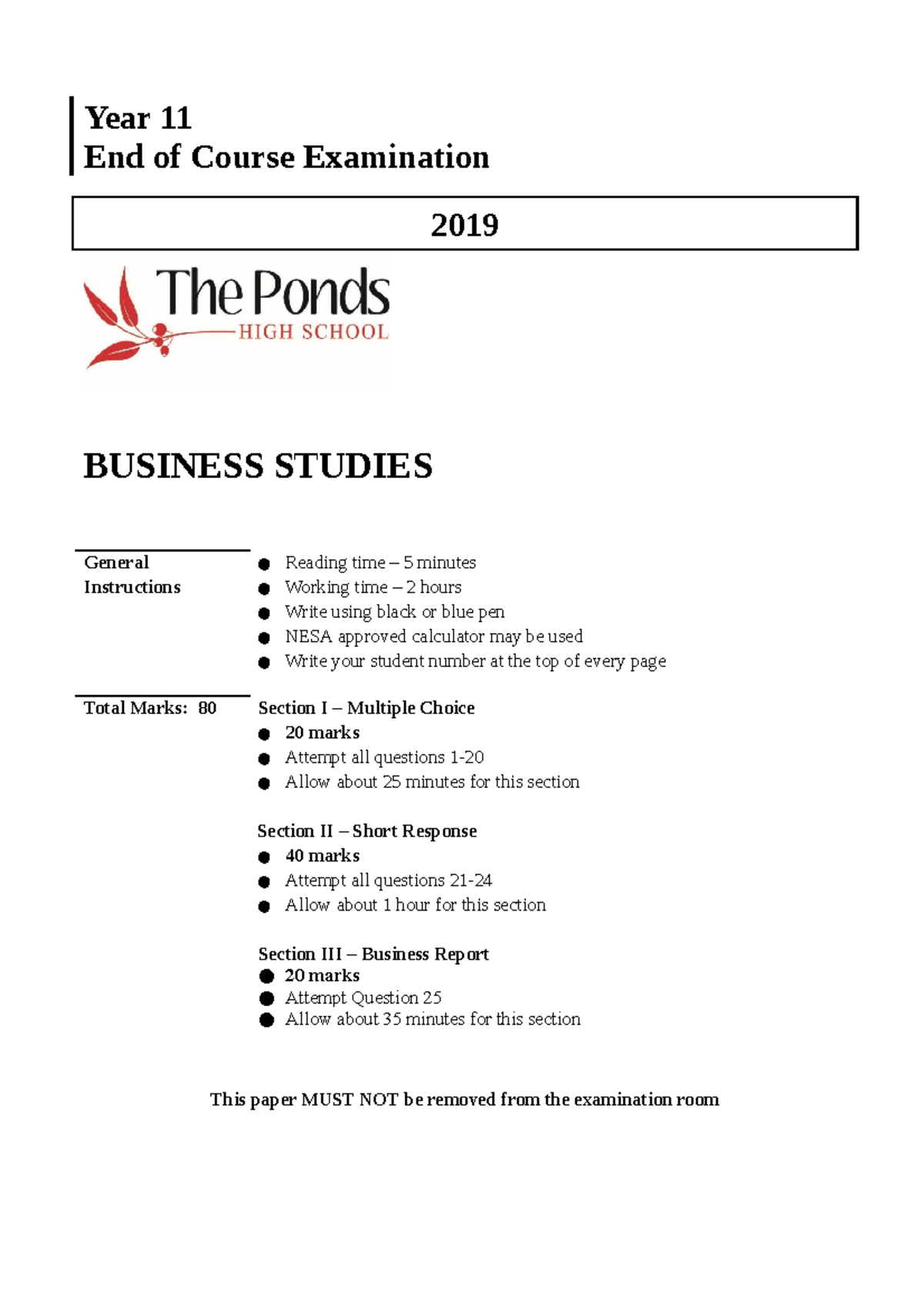 Year 11 Business Studies End of Course Examination 2019 - Studocu