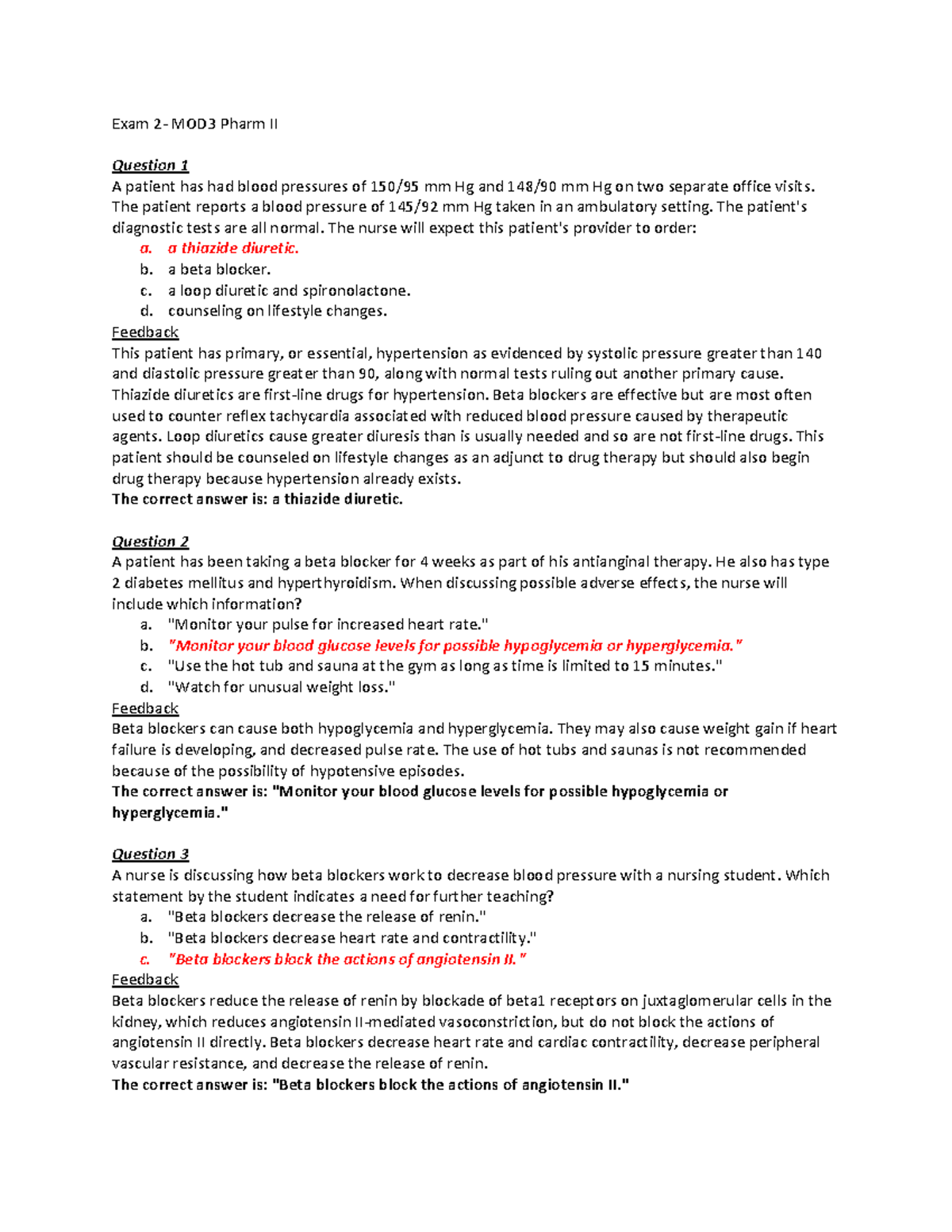 Pharmacology 2 Study Questions 2 - Exam 2- MOD3 Pharm II Question 1 A ...