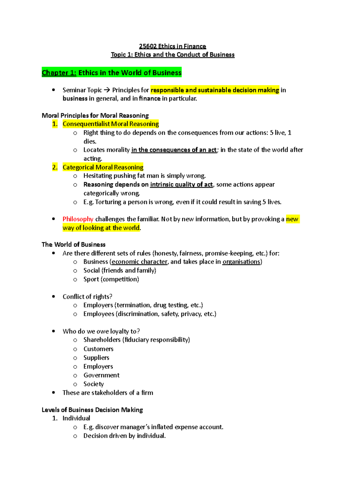 Topic 1 - Ethical Decision Making & Ethical Theories - 25602 Ethics in ...