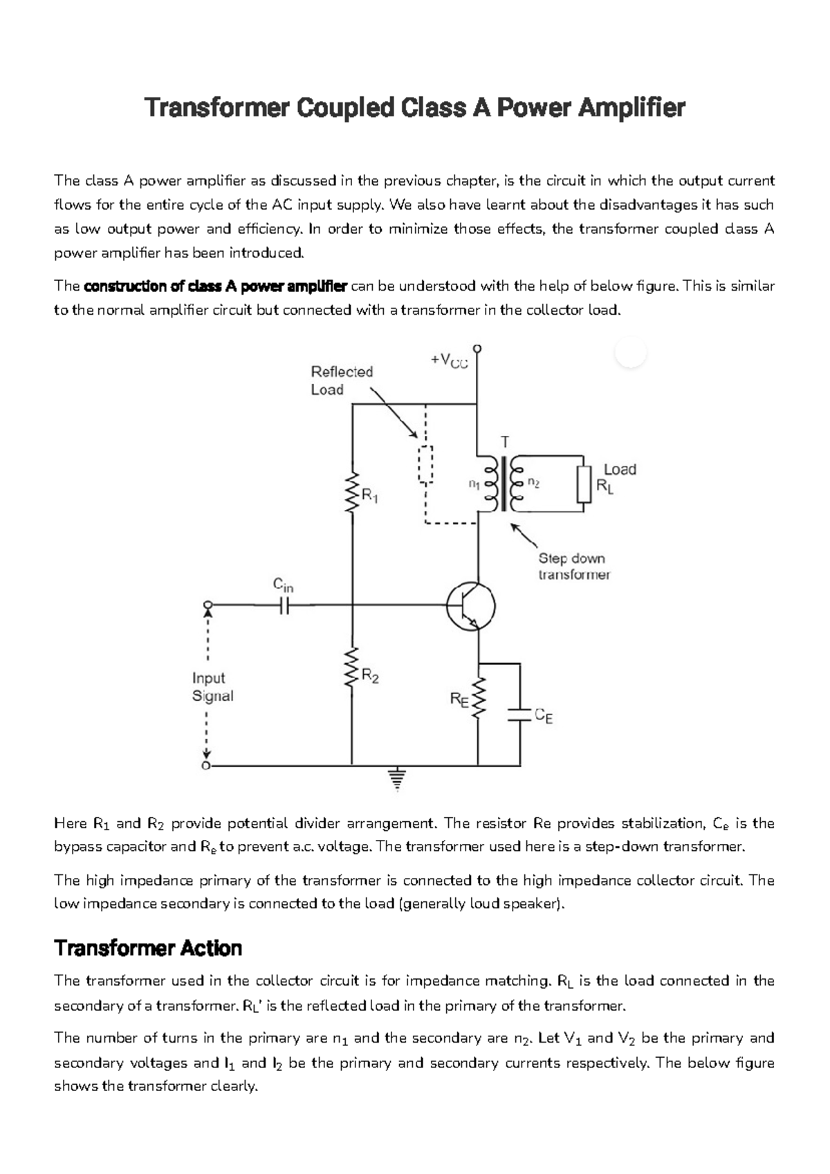 Transformer Coupled Class A Power Amplifier We also have learnt about