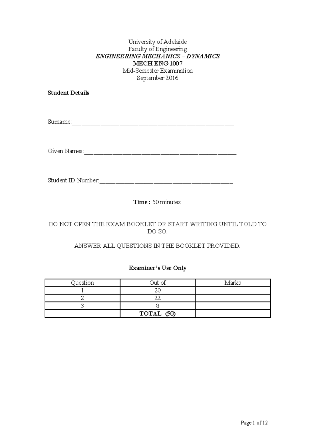 2016 Mid-Semester Exam - University of Adelaide Faculty of Engineering ...