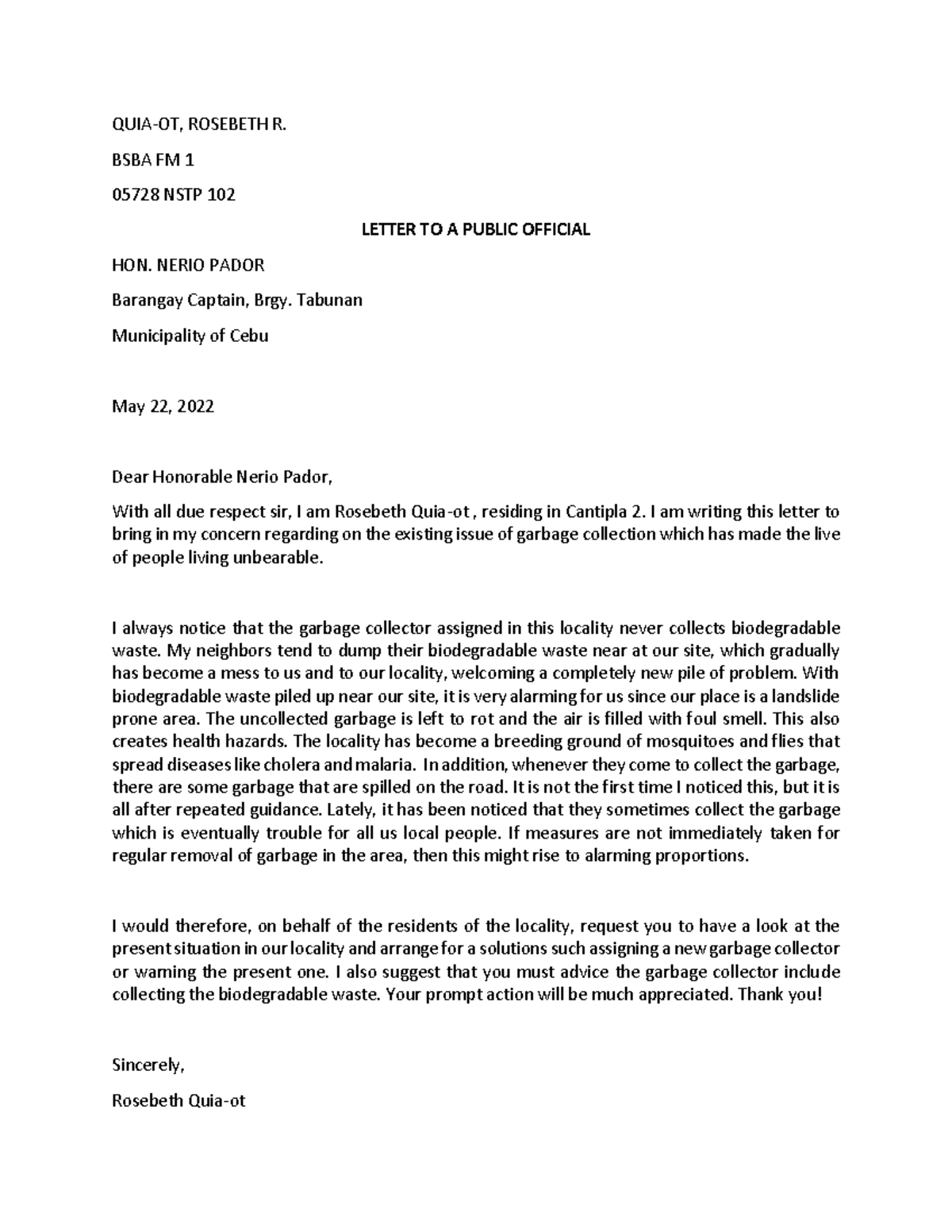 Letter TO THE Public Official - QUIA-OT, ROSEBETH R. BSBA FM 1 05728 ...