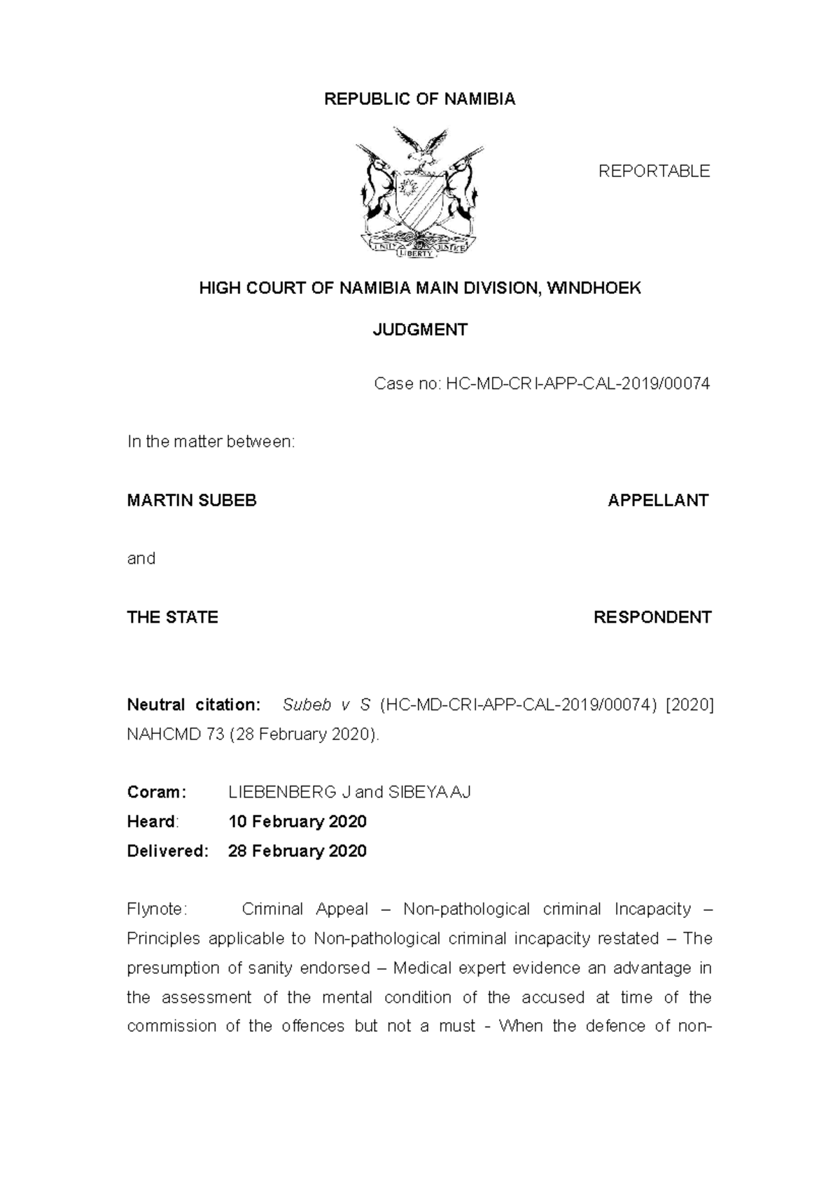 Criminal law 1 case 5 - case 4 - REPUBLIC OF NAMIBIA HIGH COURT OF ...