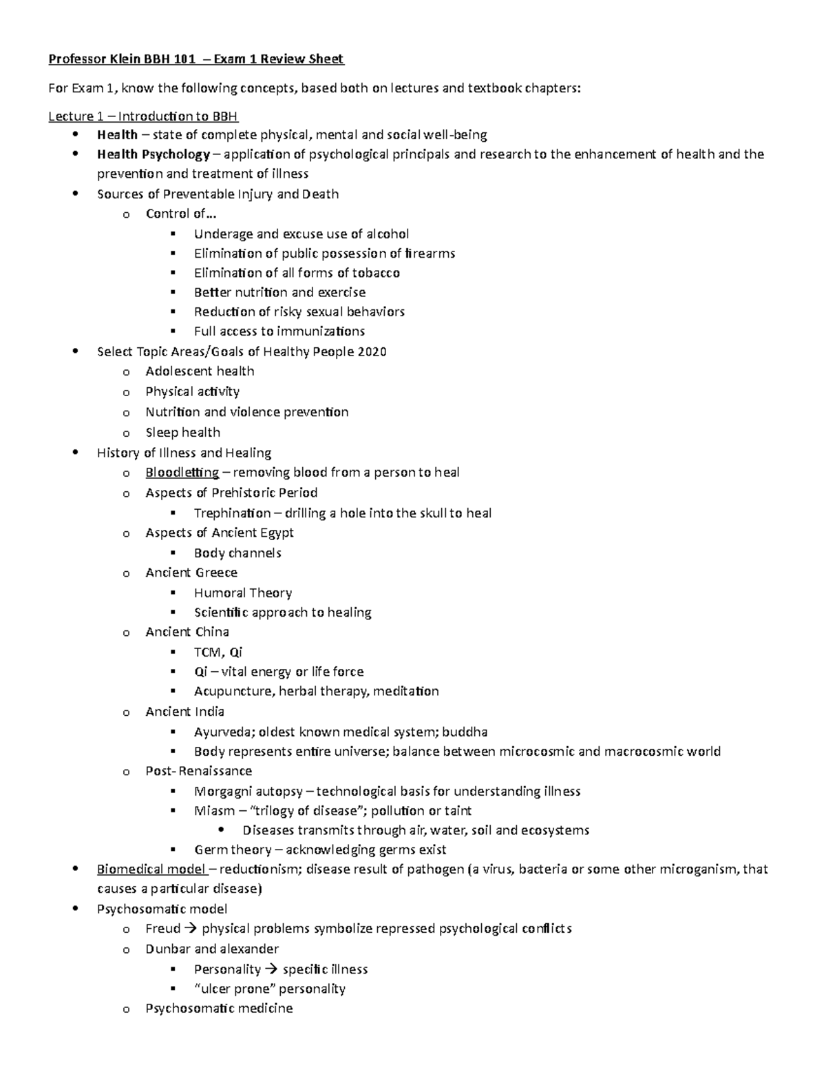 BBH 101 Exam 1 Review Sheet-2 - Professor Klein BBH 101 – Exam 1 Review ...
