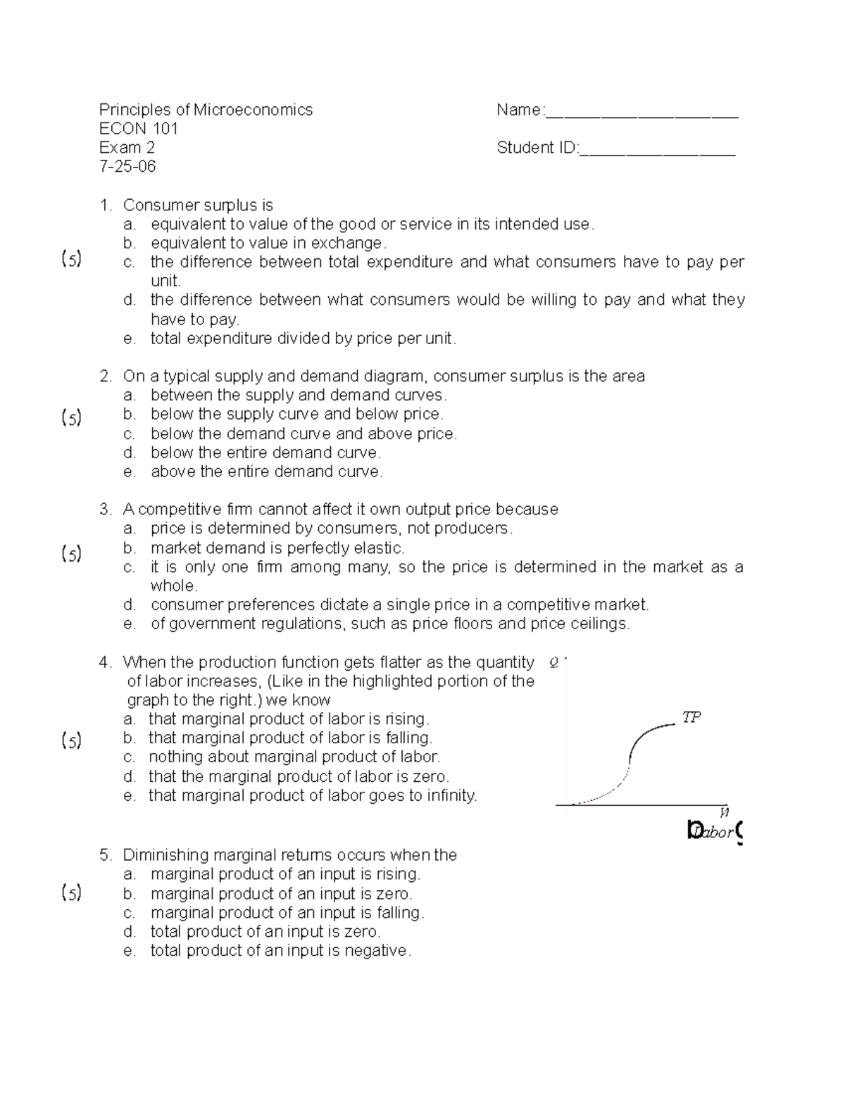 Exam2 Principles of Microeconomics ECON 101 Exam 2 72506 5 5 5 5 5