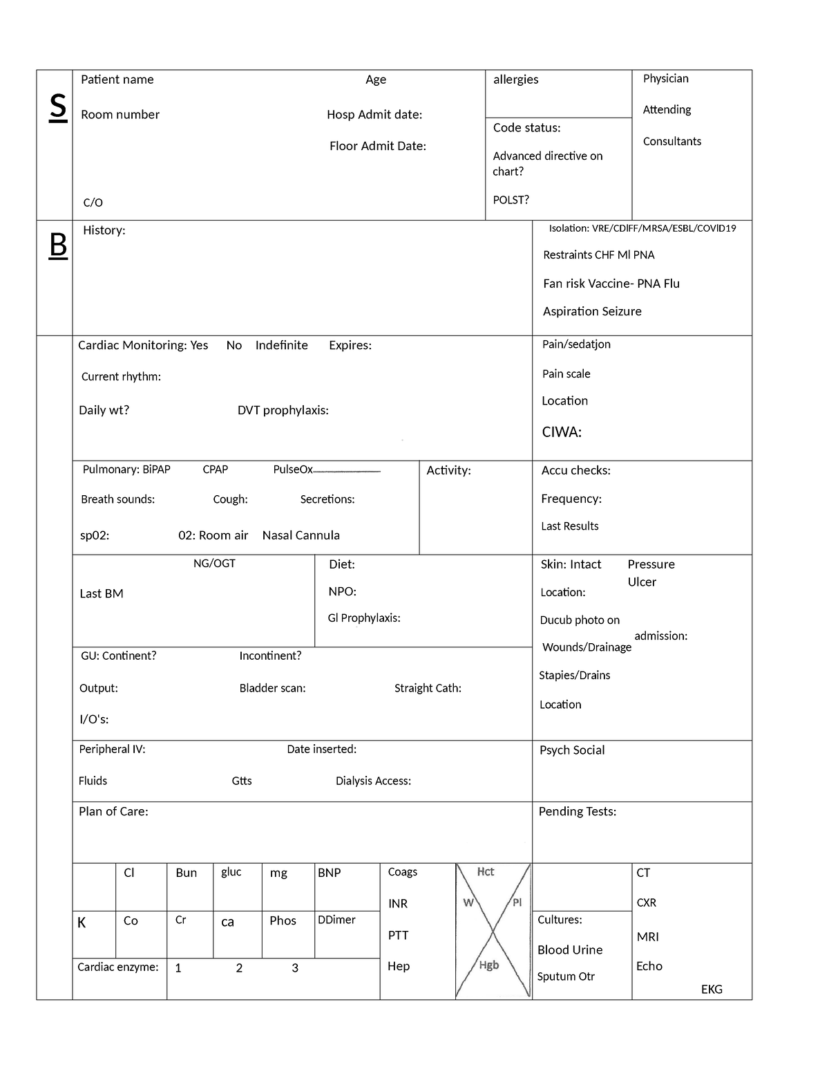 SBAR - sbar - s Patient name Age Room number Hosp Admit date: Floor ...