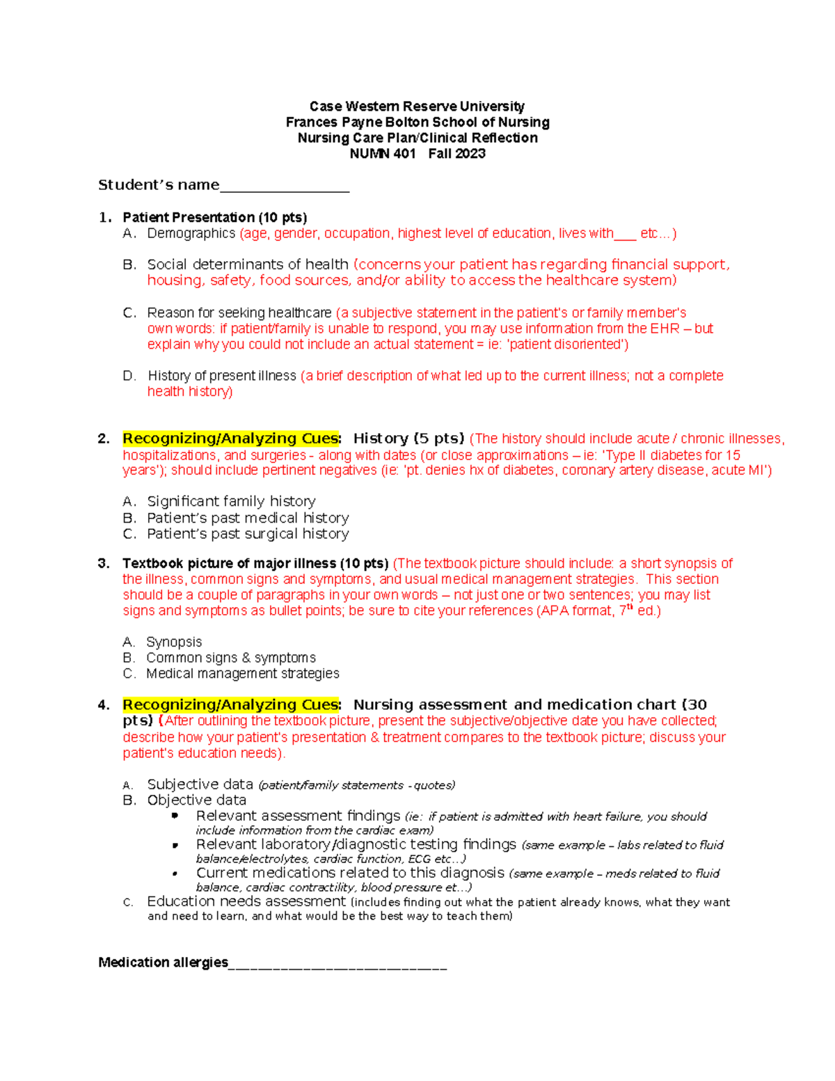 Nursing Care Plan Clinical Reflection NUMN 401 2023 - Case Western ...
