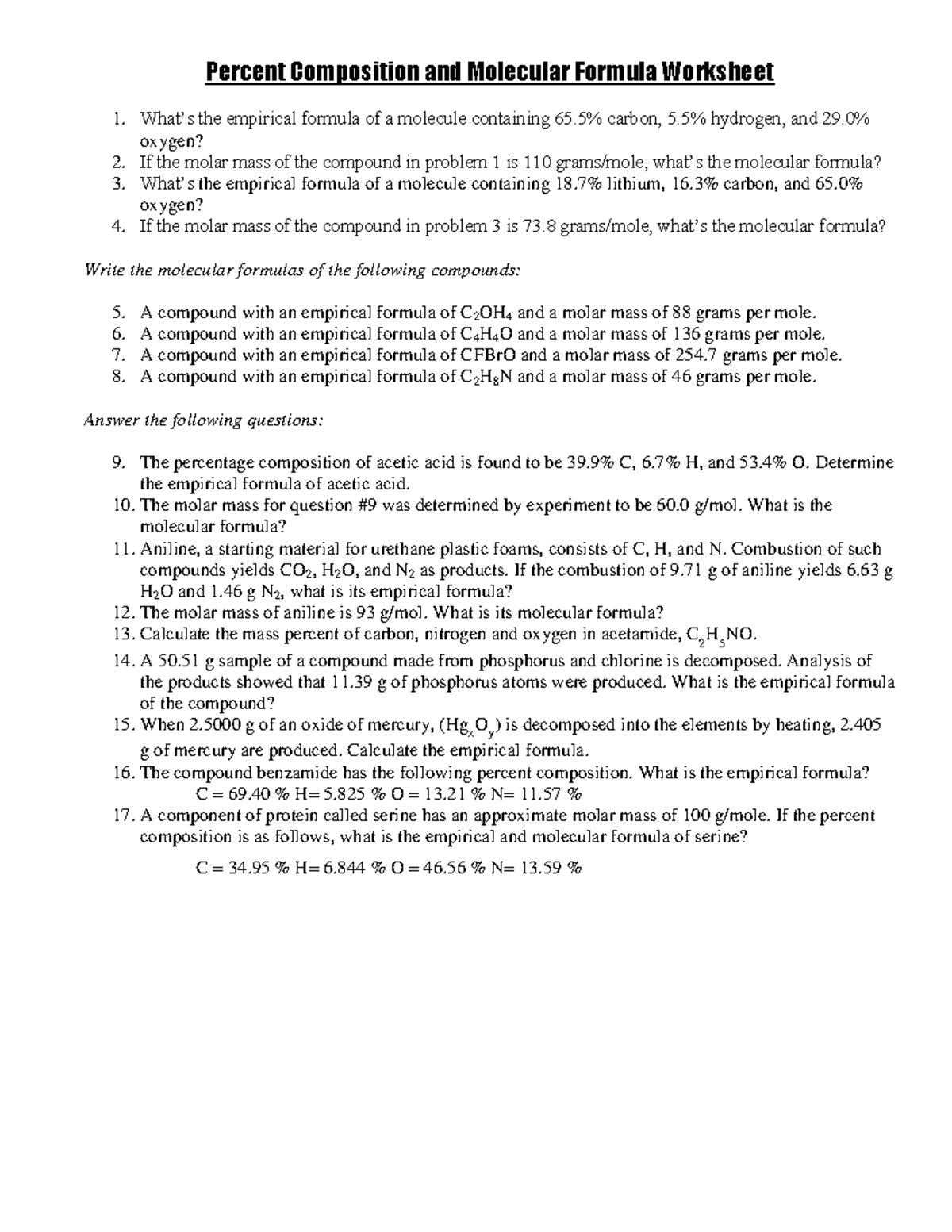 CHE+116+Percent+Composition+and+Molecular+Formula - Percent Composition ...