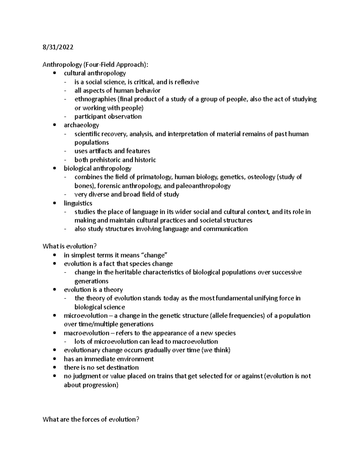 Basics of Evolutionary Theory - 8/31/ Anthropology (Four-Field Approach ...