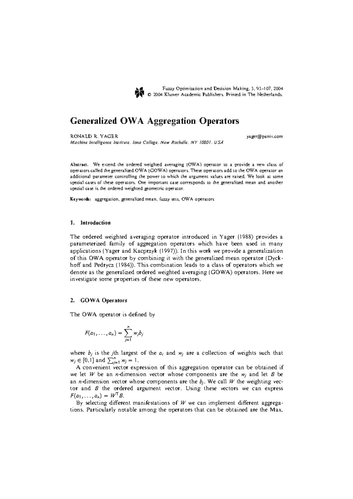 Yager 2004 - Generalized OWA Aggregation Operators RONALD R. YAGER ...