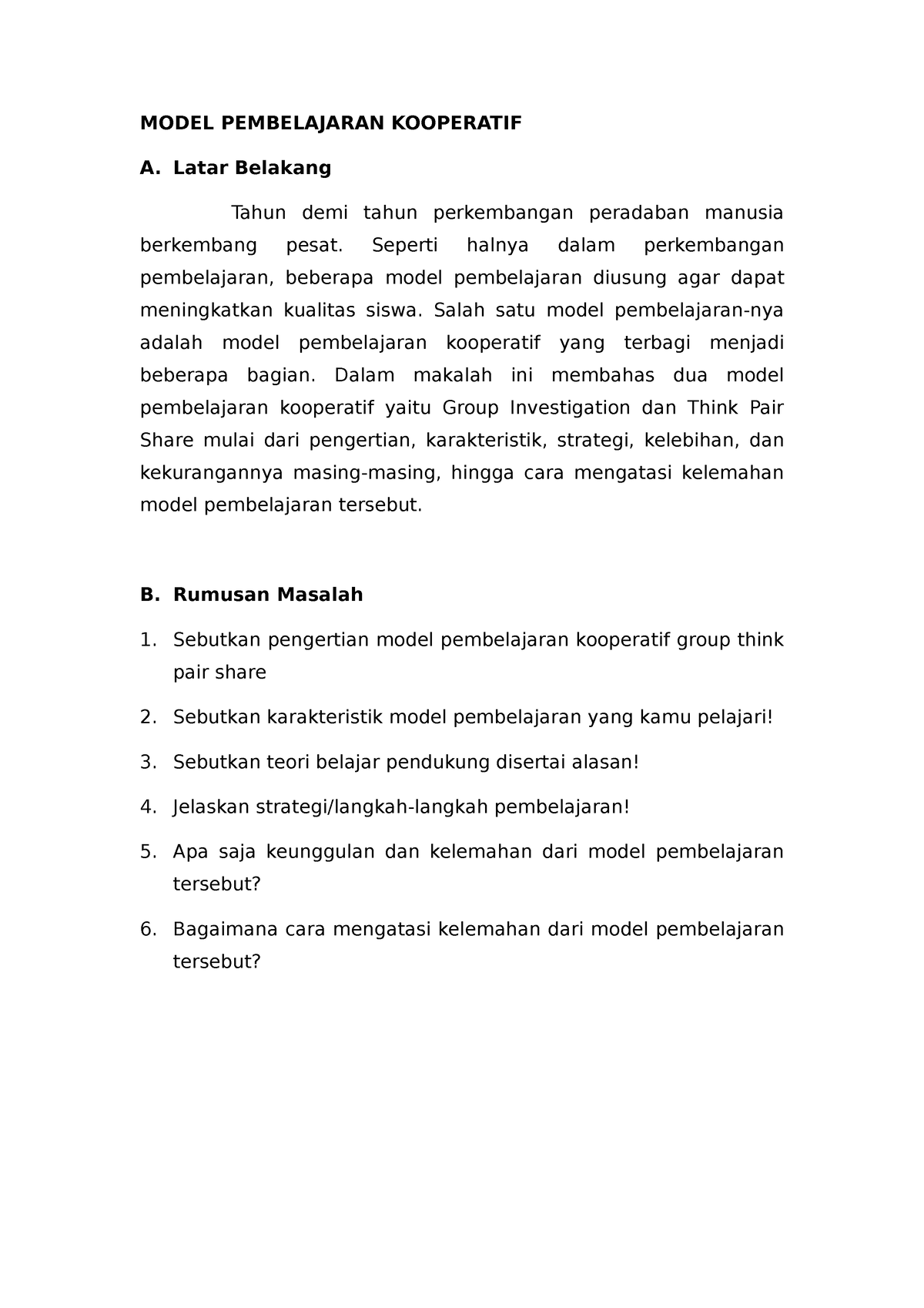 Pembelajaran Think Pair Share Strategi (Kooperatif) - MODEL ...