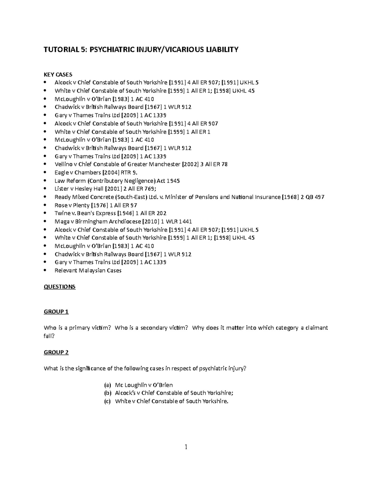 Tutorial 5 Questions For Tort Law (1) - TUTORIAL 5: PSYCHIATRIC INJURY ...