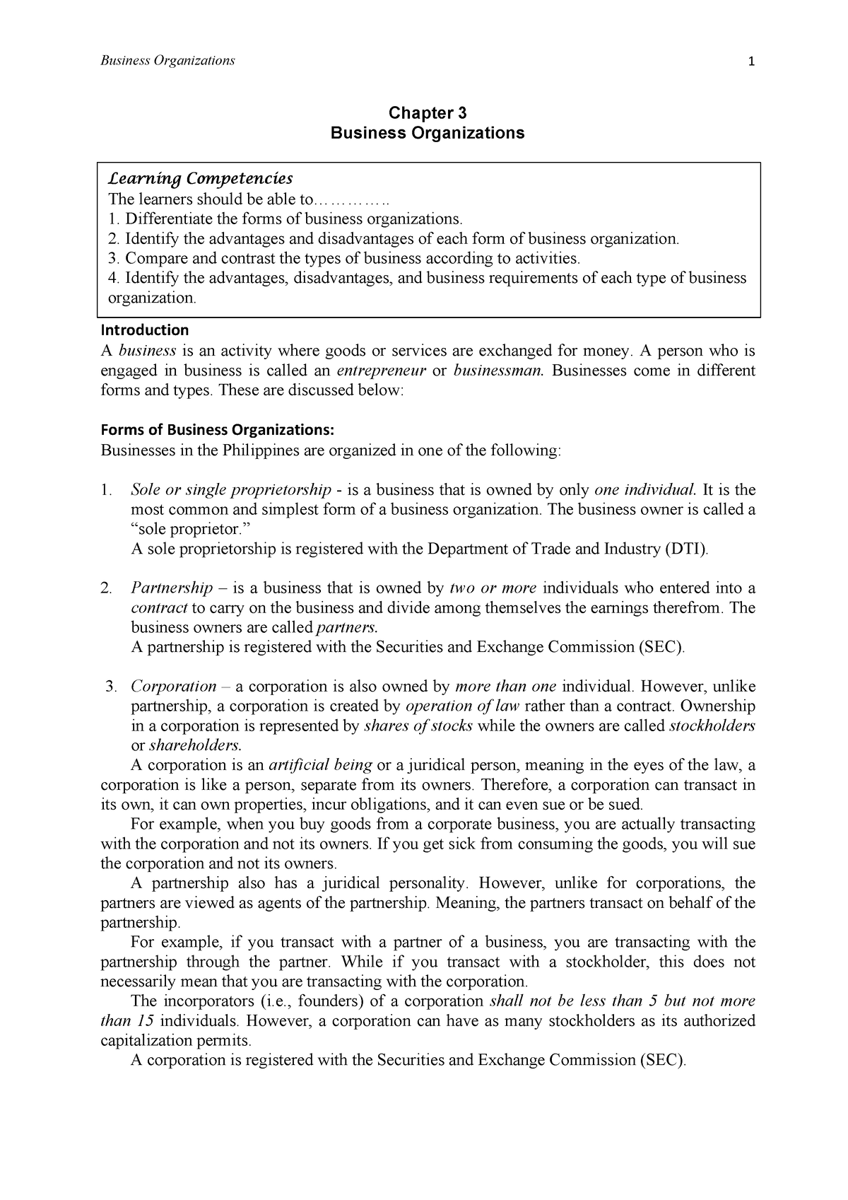 Accounting Lesson - Chapter 3 Business Organizations Introduction A ...