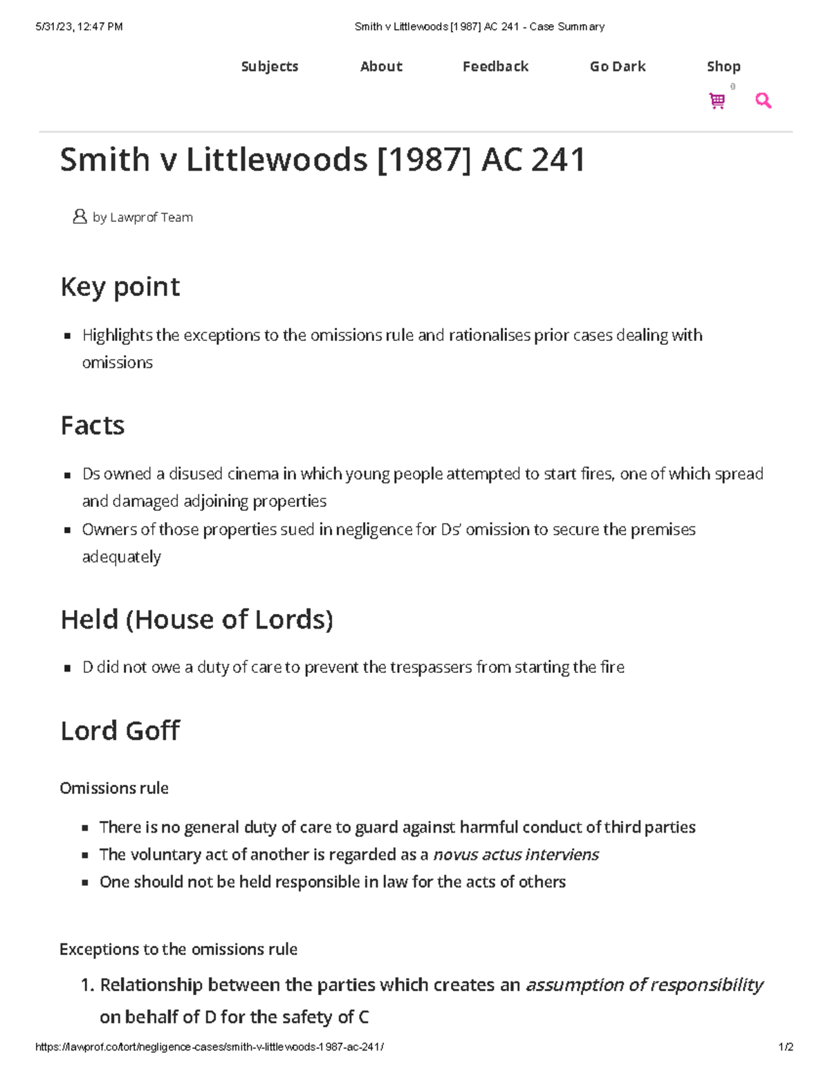 Smith v Littlewoods [1987] AC 241 Case Summary 5/31/23, 1247 PM