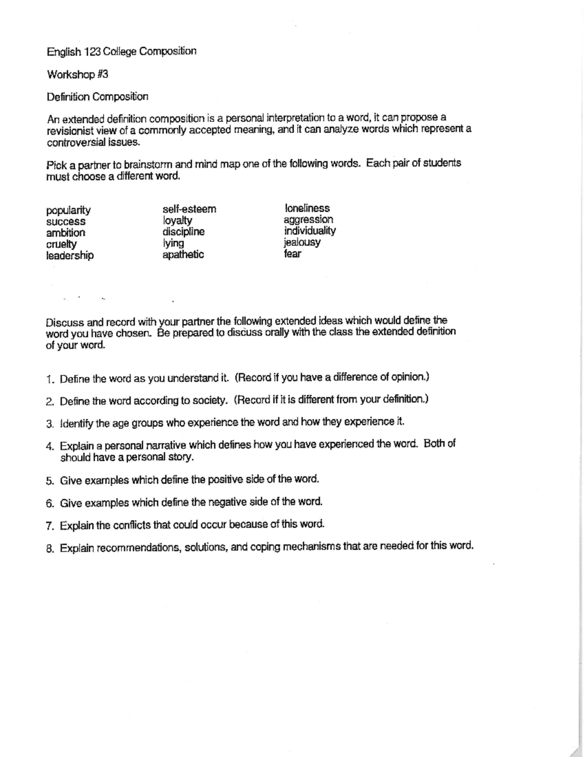Definition Workshop - College Comp - English 123 College Composition ...