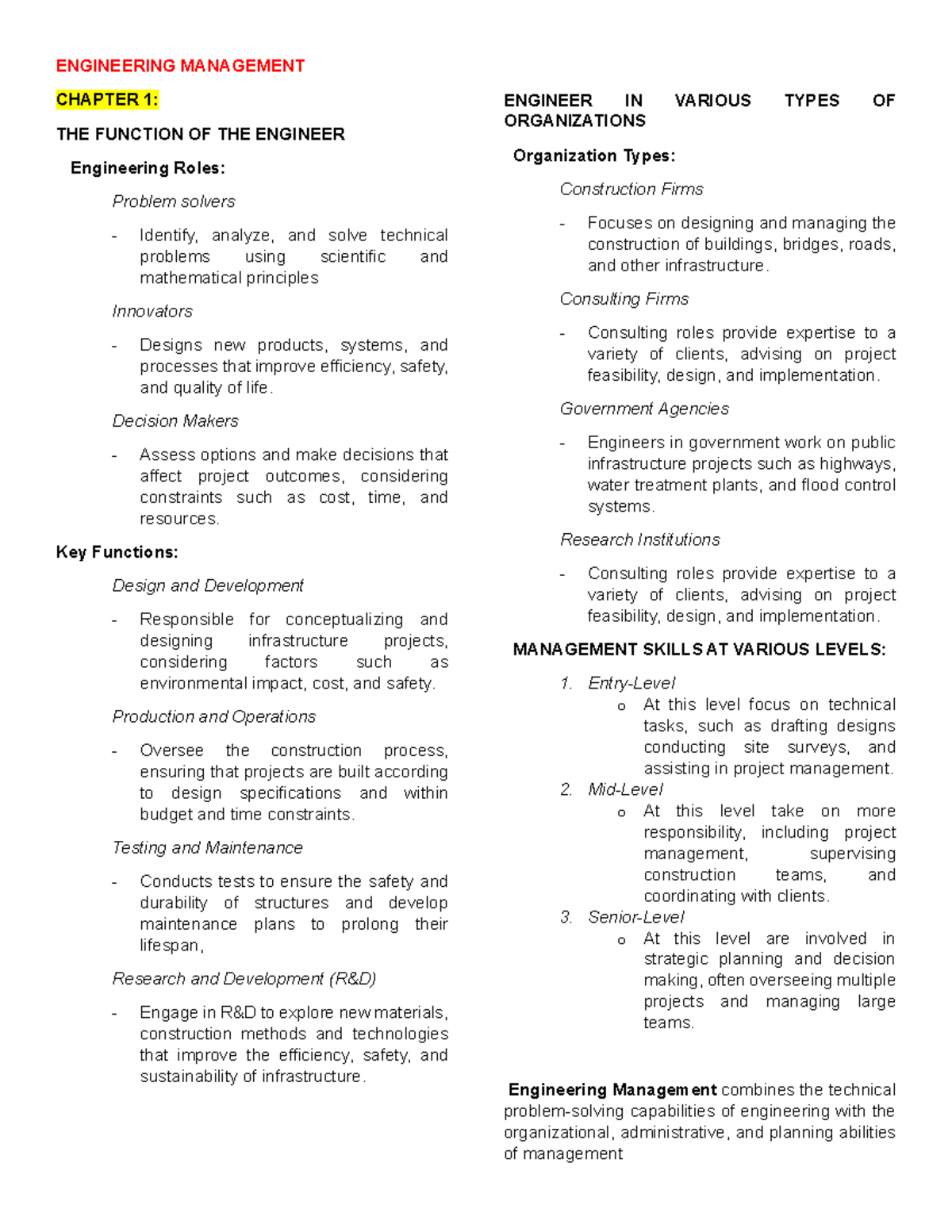 Engineering Management - Midterm - ENGINEERING MANAGEMENT CHAPTER 1 ...