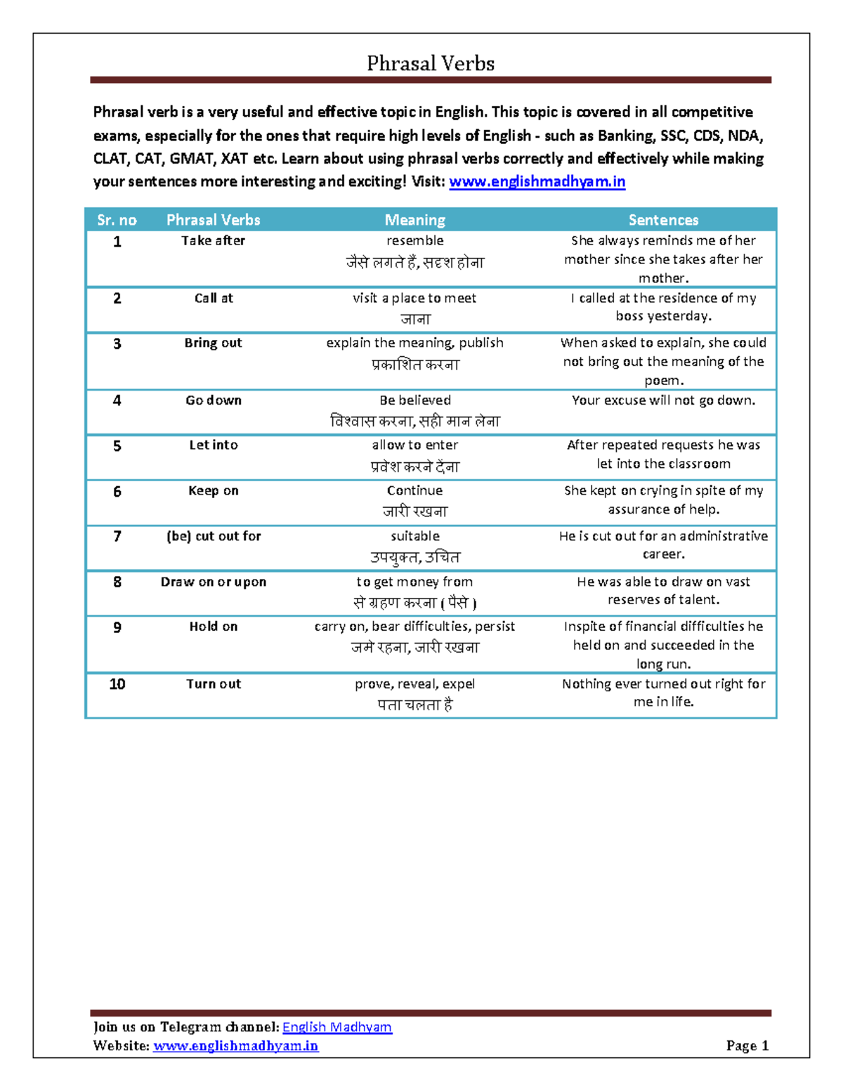 Phrasal verbs Sheet 1 - Phrasal Verbs Join us on Telegram channel ...