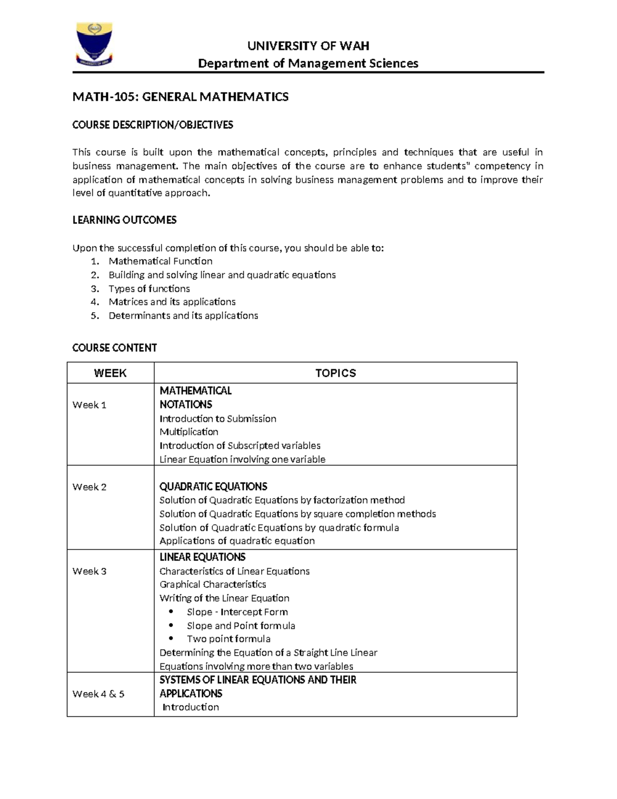 Math-105 General Mathematics - UNIVERSITY OF WAH Department of ...