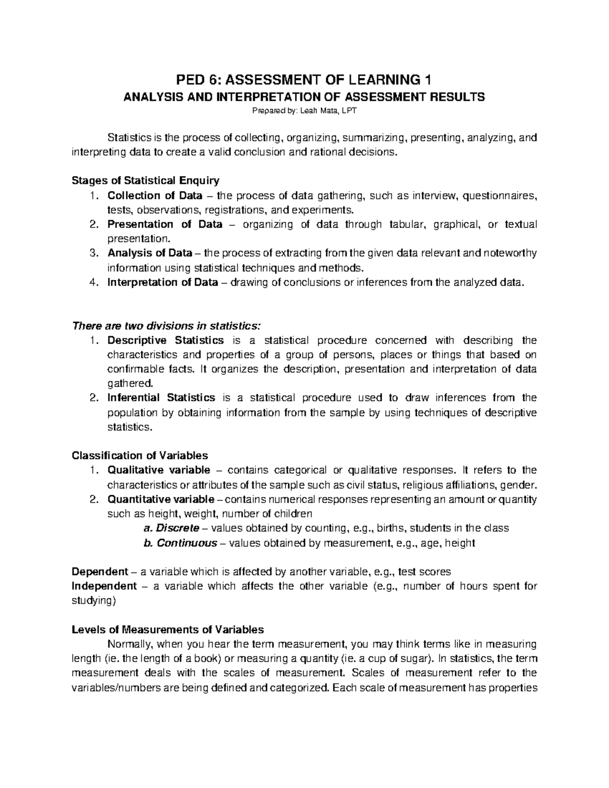 analysis-and-interpretation-of-assessment-result-ped-6-assessment-of