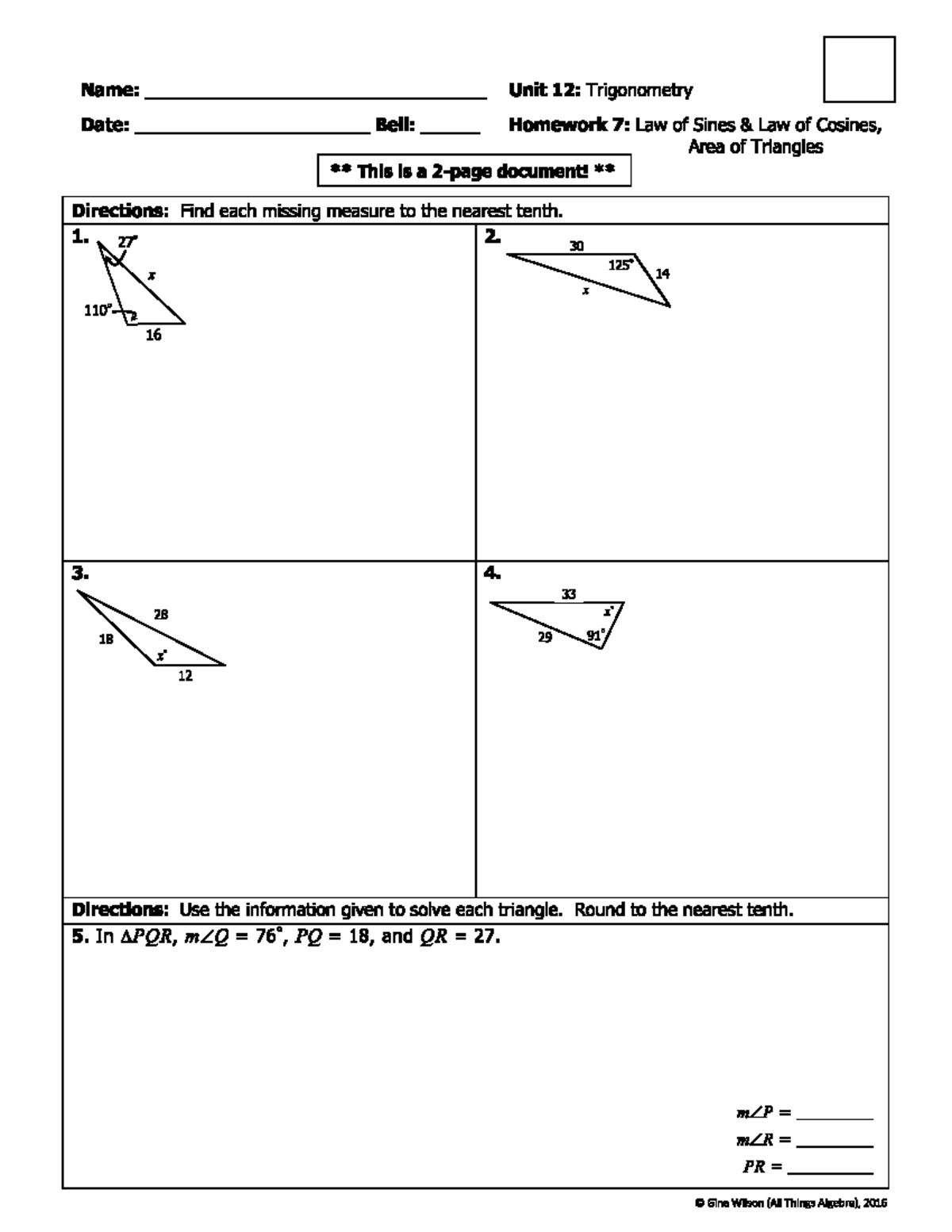 homework 7 law of sines