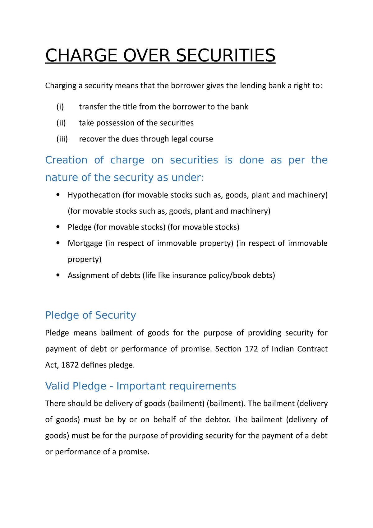 security assignment vs charge