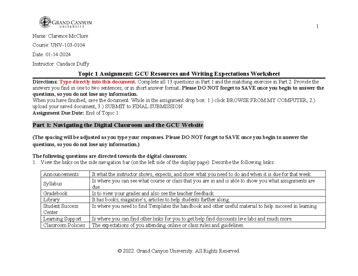 Unv-103-rs-t1-resources Worksheet-online (1) Clarence - Name: Clarence 